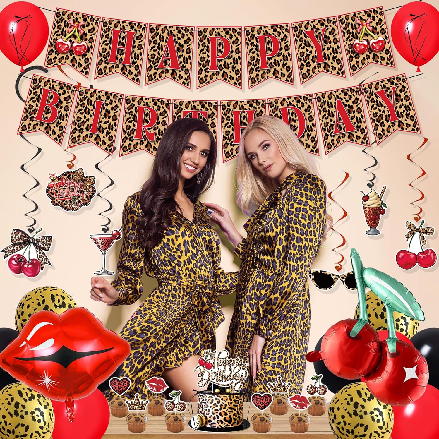 Holkcog Cheetah and Cherry Birthday Decorations, Leopard Happy Birthday Banner, Red Black and Cheetah Print Balloons, Cherry cupcake topper, red Leopard pattern party supply for Girls Women - Image 5