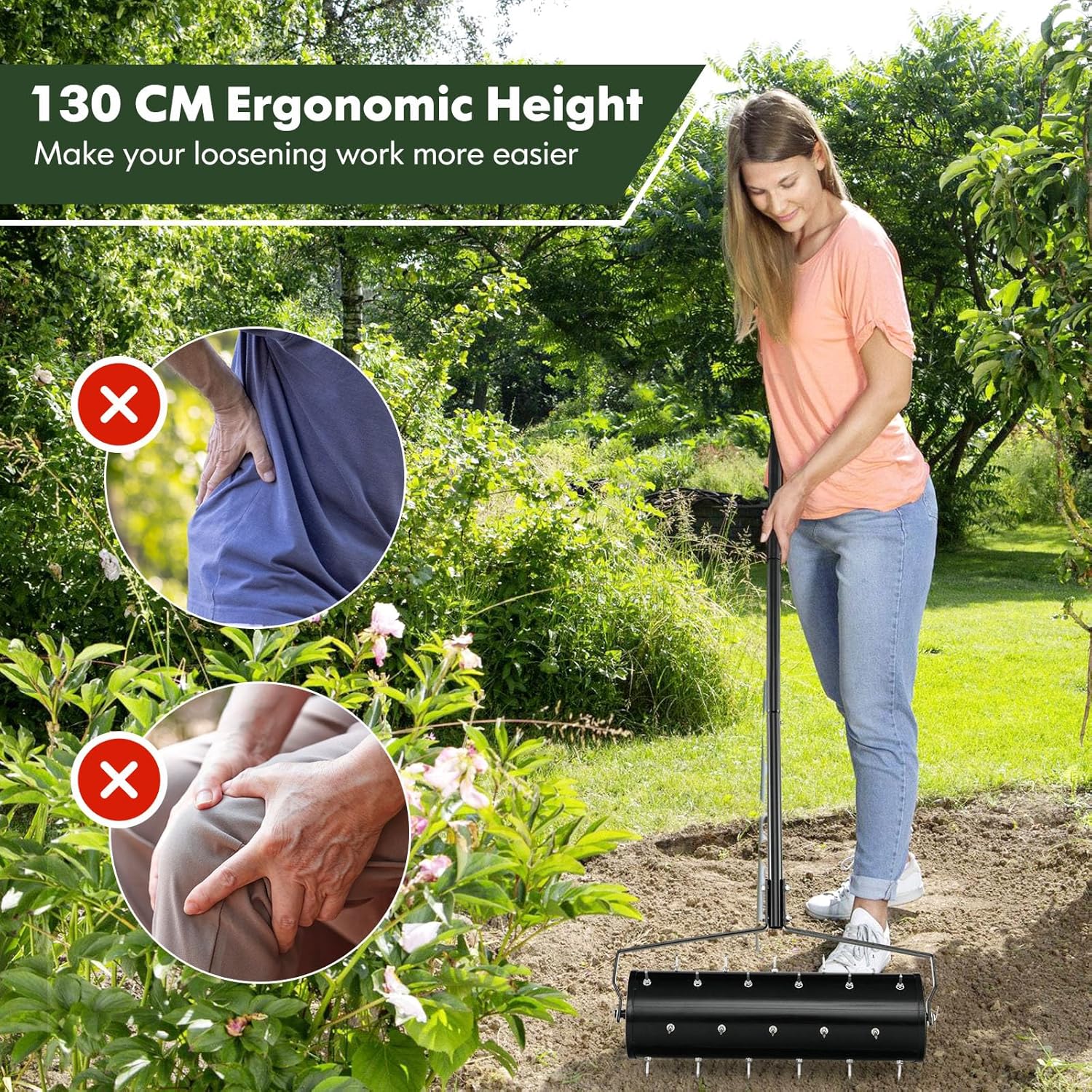 53 x 14 x 130cm Lawn Aerator, Heavy-Duty Rolling Spreader Lawn Care Tool with 130cm Metal Handle, Fillable Drum, Manual Aerator Gardening Roller (Black)