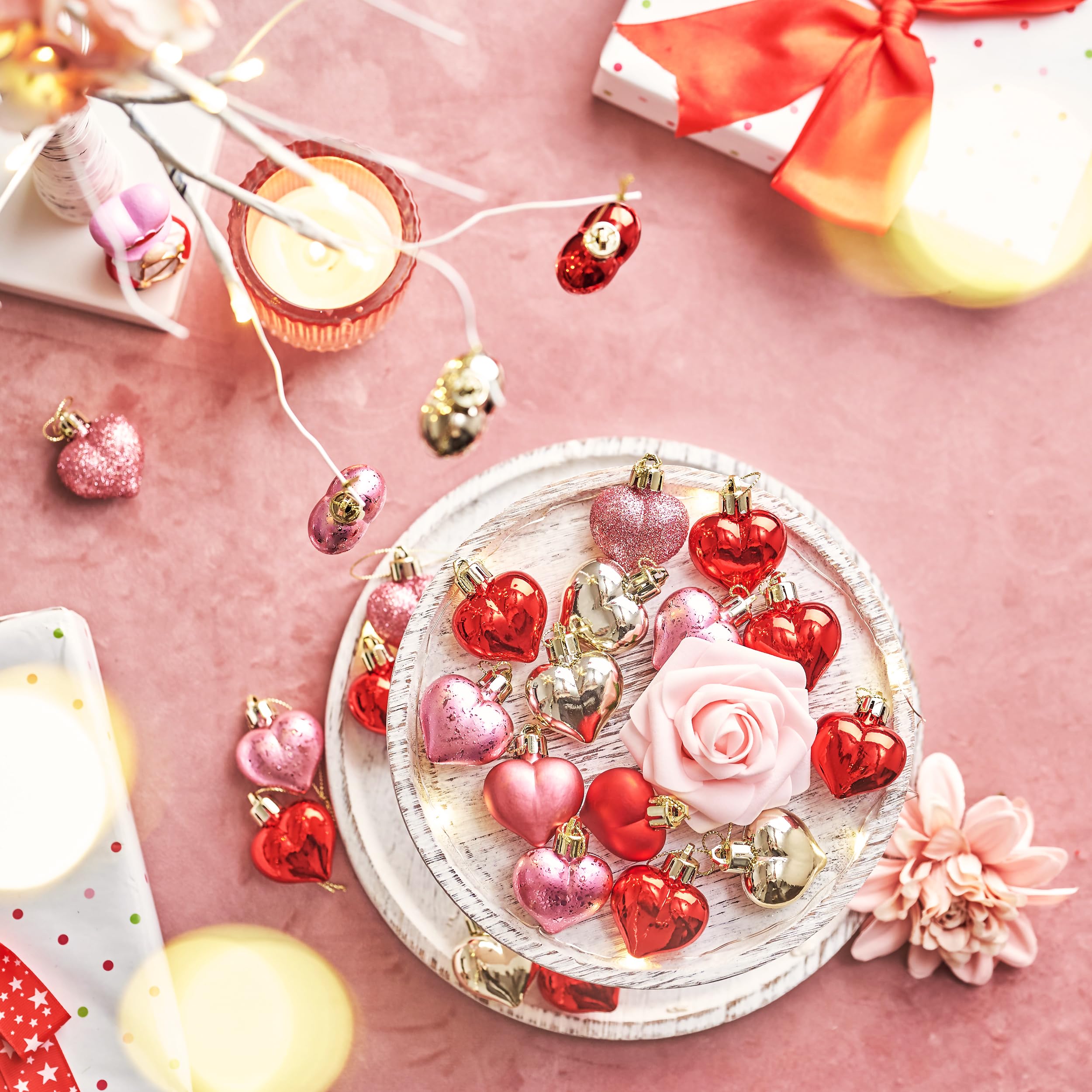 Valery Madelyn 25Pcs Valentines Heart Shaped Ornaments Gift Pack, Craft Christmas Tree Decorations, Pink Red Gold Heart Shaped Xmas Baubles Hanging Party Wedding Decor