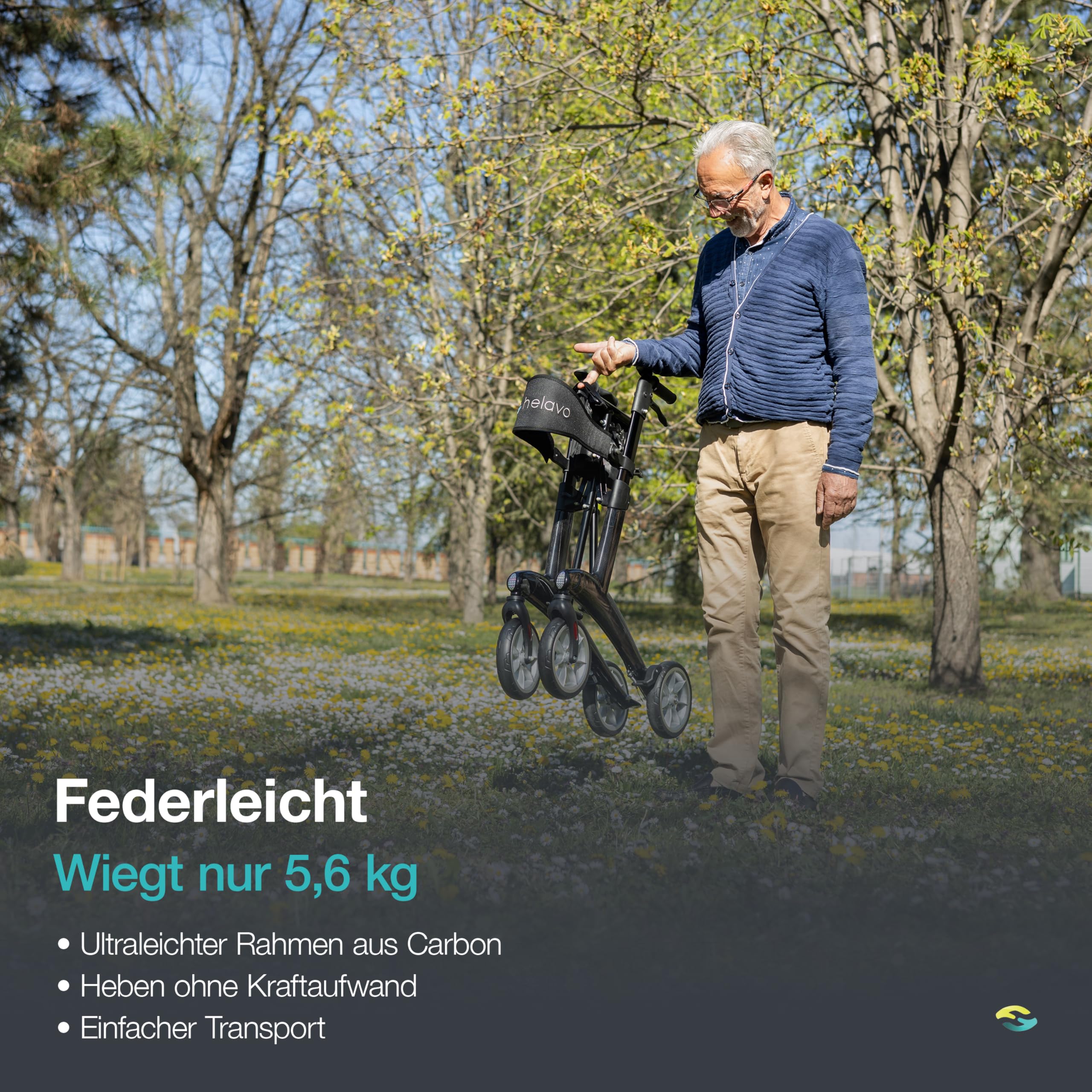 Helavo ultraleichter Carbon-Rollator für Innen & Außen - Nur 5,6 kg leicht | Faltbarer Leichtgewicht-Rollator aus Kohlefaser - Vollständig Aufgebaut - Einfacher Transport - Ideal für Innen & Außen