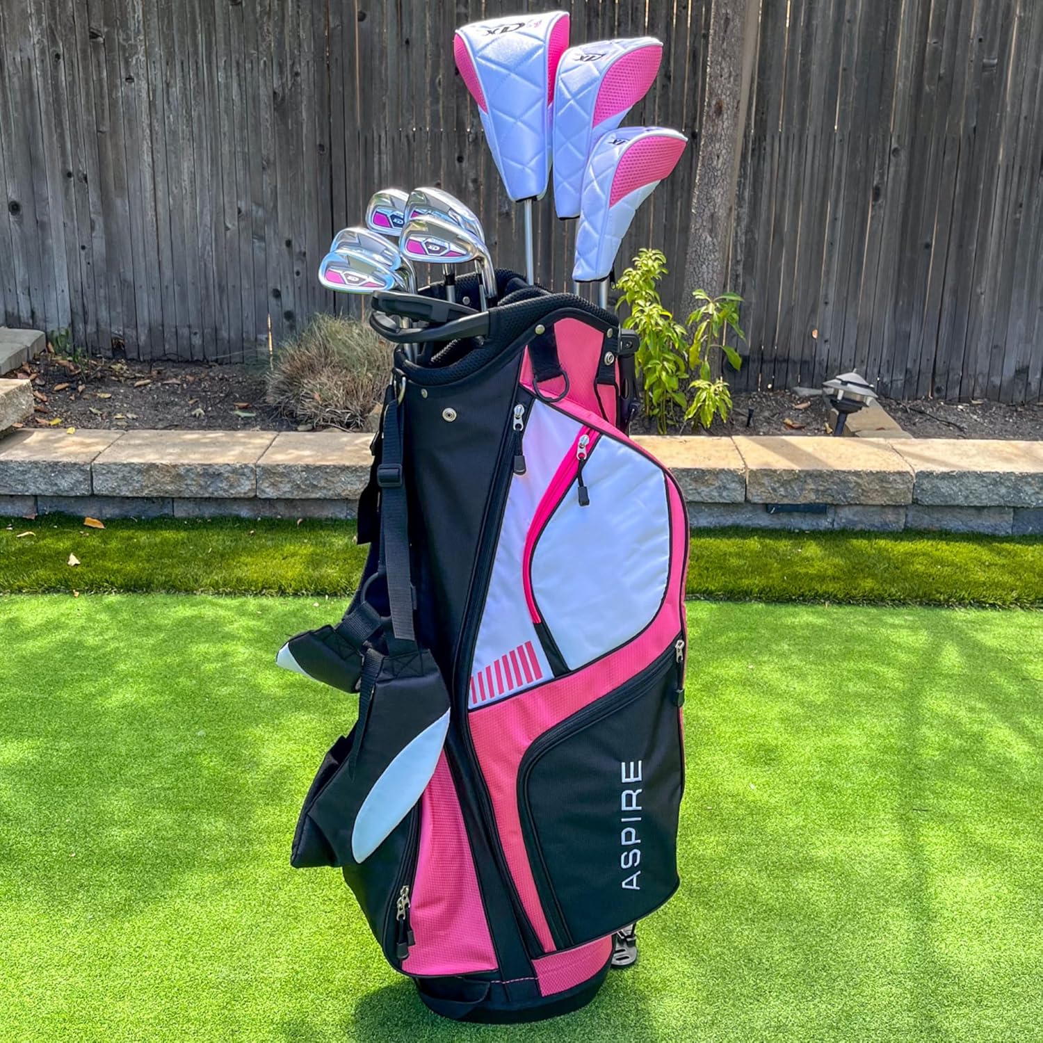 Aspire XD1 Womens Golf Clubs Full Set, Includes Driver, Fairway, Hybrid, 6-PW Irons, Putter, Stand Bag, 3 H/C's, Ultra-Light Graphite Shafts, Golf Clubs Women Right Handed, Comes in 3 Sizes, Pink