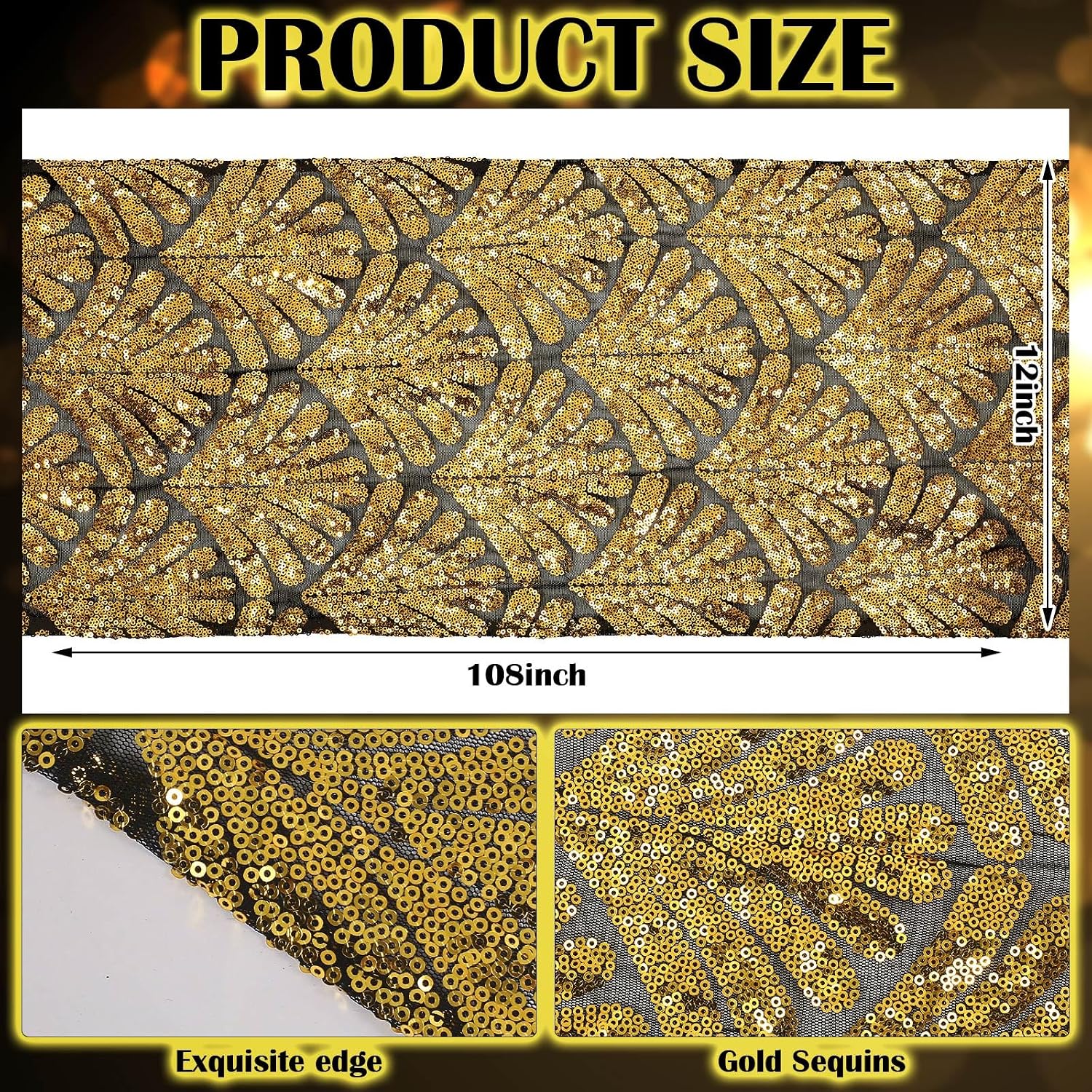 Peryiter 3 Pcs Roaring 1920's Table Runners 12 x 108 Inch Great 20's Black and Gold Table Runner Sequin Reusable Tablestrip for 1920s Vintage Speakeasy Wedding Graduate Party Decorations(Fan-Shaped)