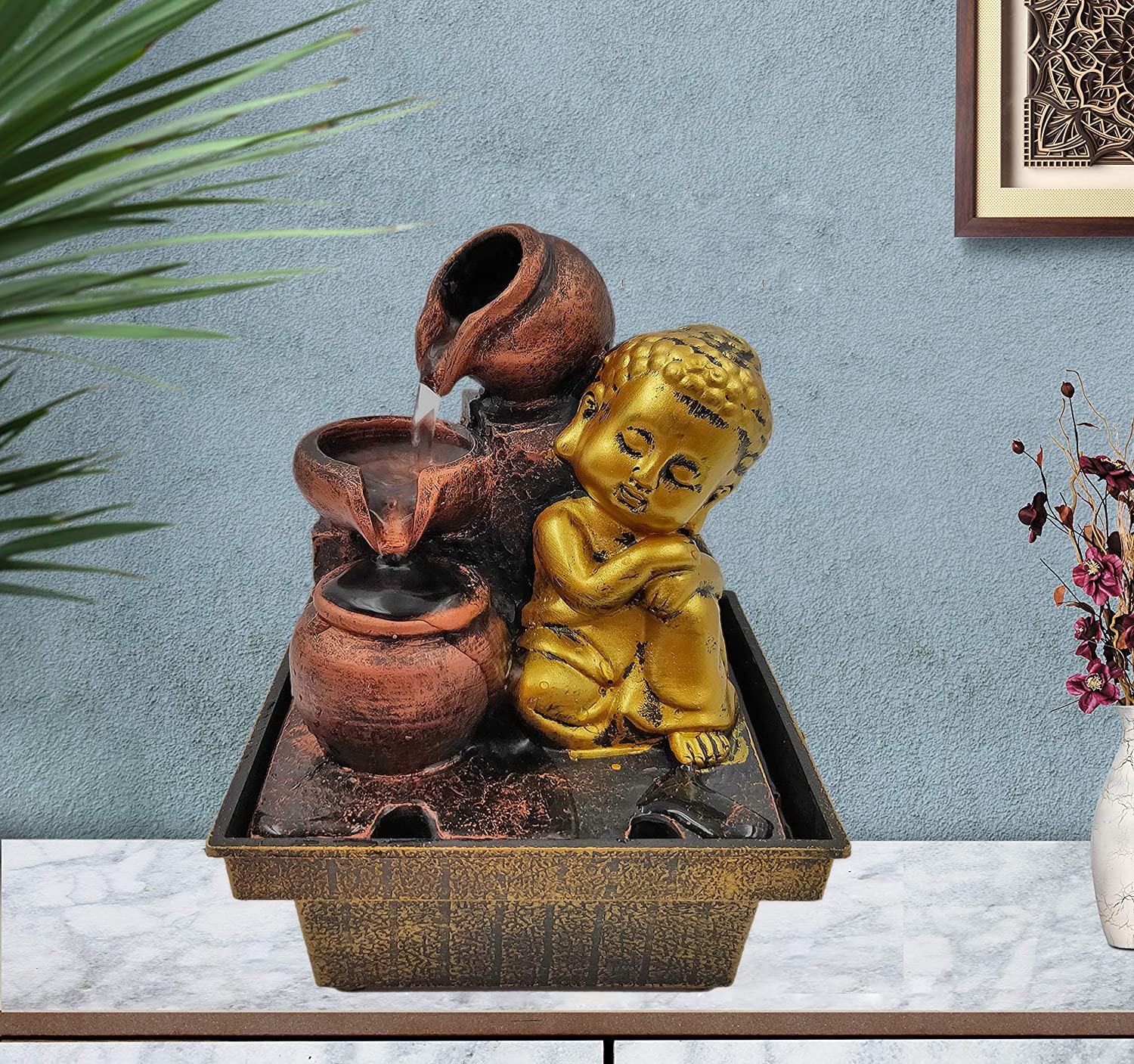 Whitecloud TRANSFORMING HOMES® Beautiful Lord Buddha for Home Decorative Home Gifts for Drawing Room Living Room Waterfall Decorative Item (1718) Polyresin 12.5x12.5x18cm-image-24