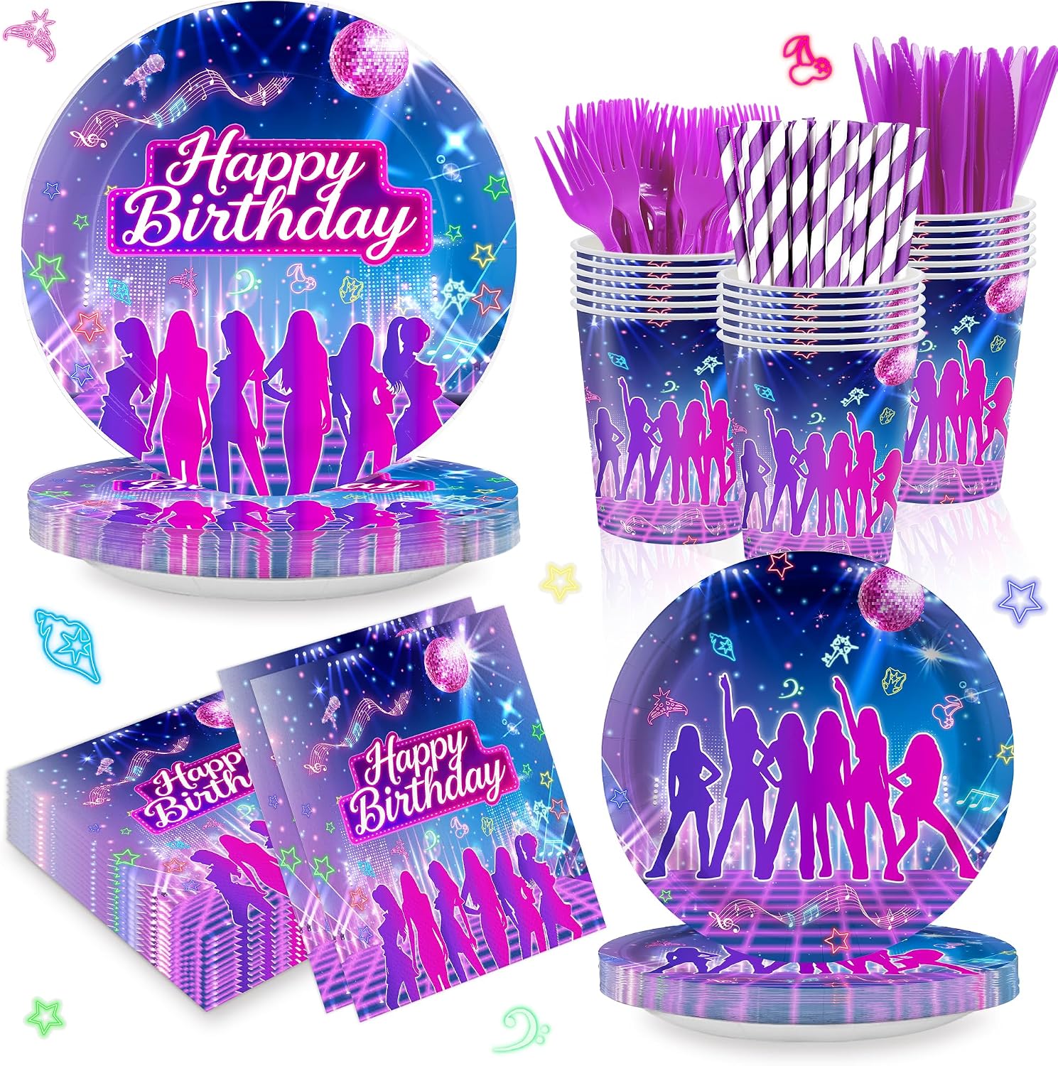 168PCS KATSEYE Purple Neon Party Supplies Dinnerware Set Plates Cups Napkins Cutlery Straws Disco Birthday Table Decorations Serves 24 Guests