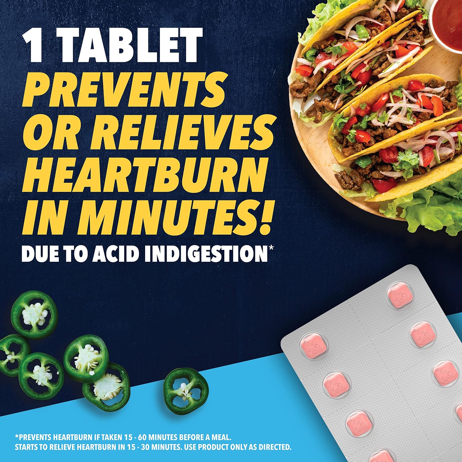 Pepcid AC Original Strength Heartburn Relief Tablets, Prevents & Relieves Heartburn Due to Acid Indigestion & Sour Stomach, 10 mg Famotidine to Reduce & Control Acid, Fast-Acting, 60 Ct