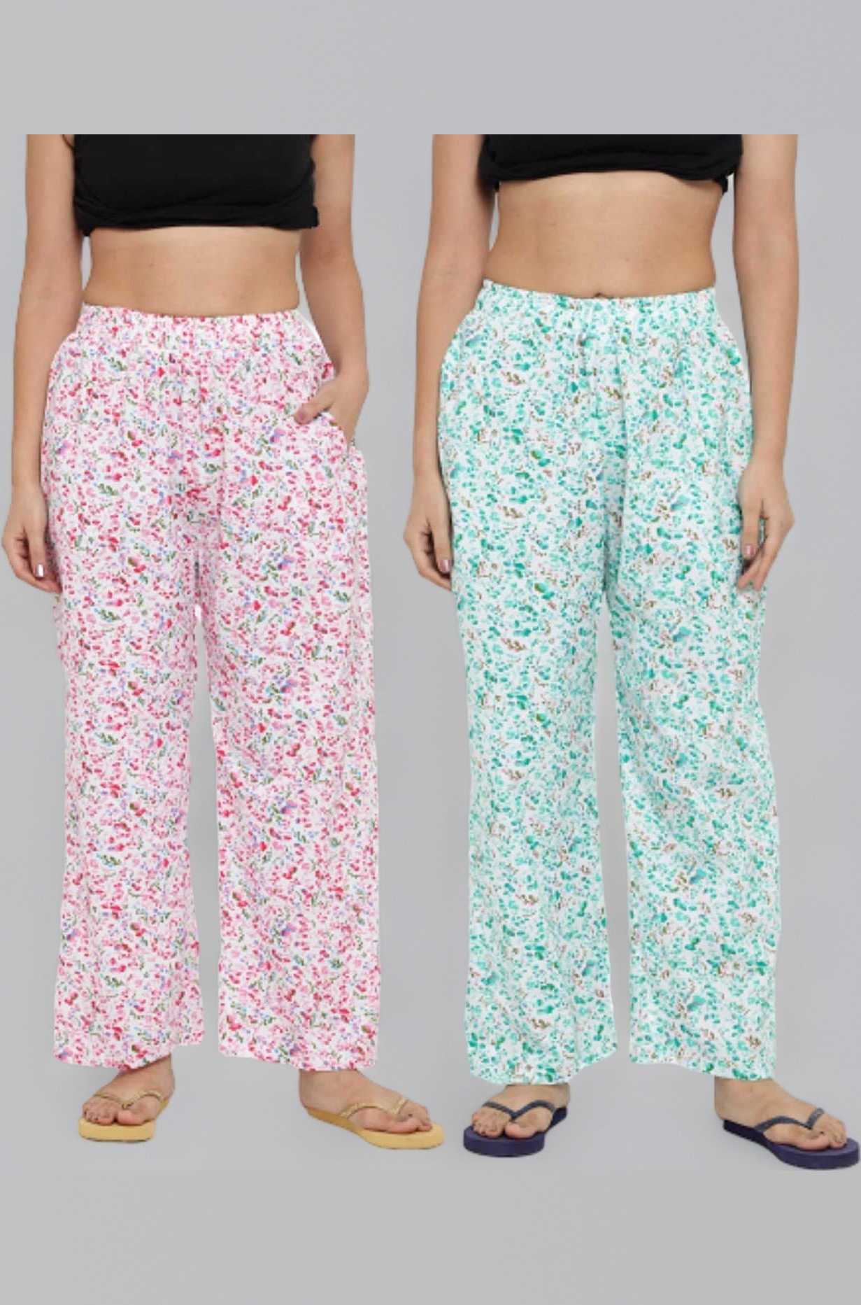 Women's Cotton Casual Style Printed Pyjama/Track Pant Lower (Pink & Green; Free Size) Pack Of 2 Relaxed