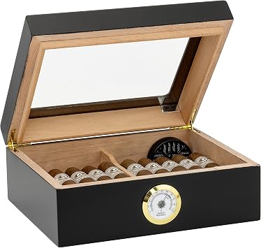 Quality Importers Desktop Humidor, Capri, with Tempered Glasstop, Cedar Divider, and Brass Ring Glass Hygrometer, Holds 25 to 50 Cigars, Black