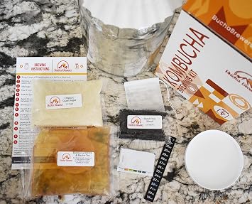 Deluxe Kombucha Starter Kit with Kombucha SCOBY & Starter Tea, Full Kombucha Kit with Bottles Swing Top Glass Bottles Kombucha Brewing Kit + 6 Bottles to Flavor Kombucha (Amber Bottles)