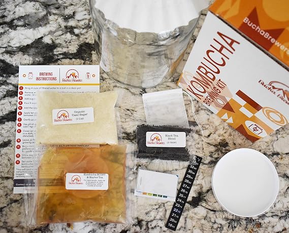 Deluxe Kombucha Starter Kit with Kombucha SCOBY & Starter Tea, Full Kombucha Kit with Bottles Swing Top Glass Bottles Kombucha Brewing Kit + 6 Bottles to Flavor Kombucha (Amber Bottles)