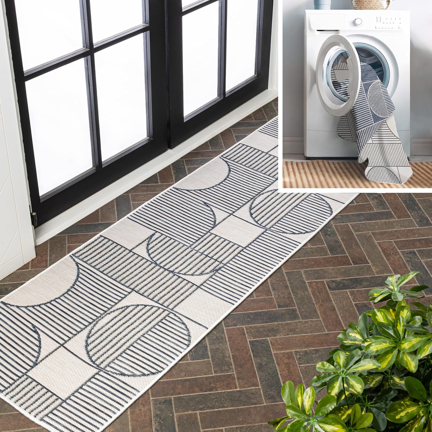 JONATHAN Y Geometric Lines Reversible Washable Indoor Outdoor Area Rug 3X5 Navy/Cream, Arielle Mid-Century Modern for Backyard, Patio, Porch, Easy-Cleaning, Pet-Friendly, Non-Shedding (SVH111A-3)