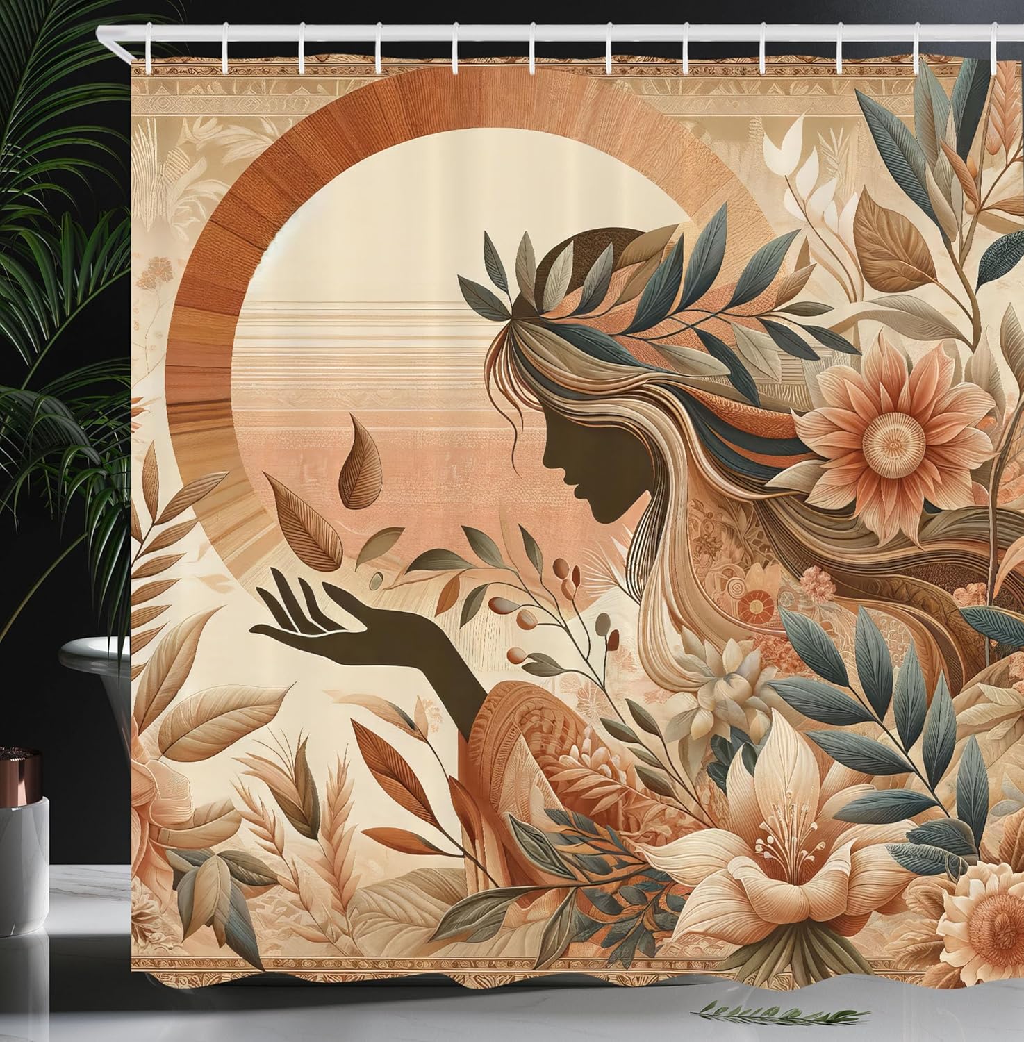 Ambesonne Boho Shower Curtain, Peachy Hues with Lady Nature Botanical Ornaments Soft Terracotta Colors, Cloth Fabric Bathroom Decor Set with Hooks, 69" W x 84" L, Slate Blue and Pale Rust