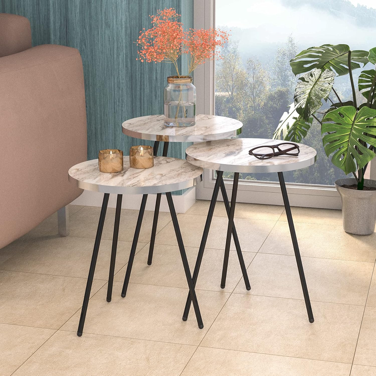 Set of 3 Nesting END Tables - Sunrise Round Stacking Coffee Side Tables for Small Spaces, Nightstand Bedside Table for Living Room, Bedroom, Balcony, Office NO-Tools Assembly (White Marble/Gray) : Home & Kitchen