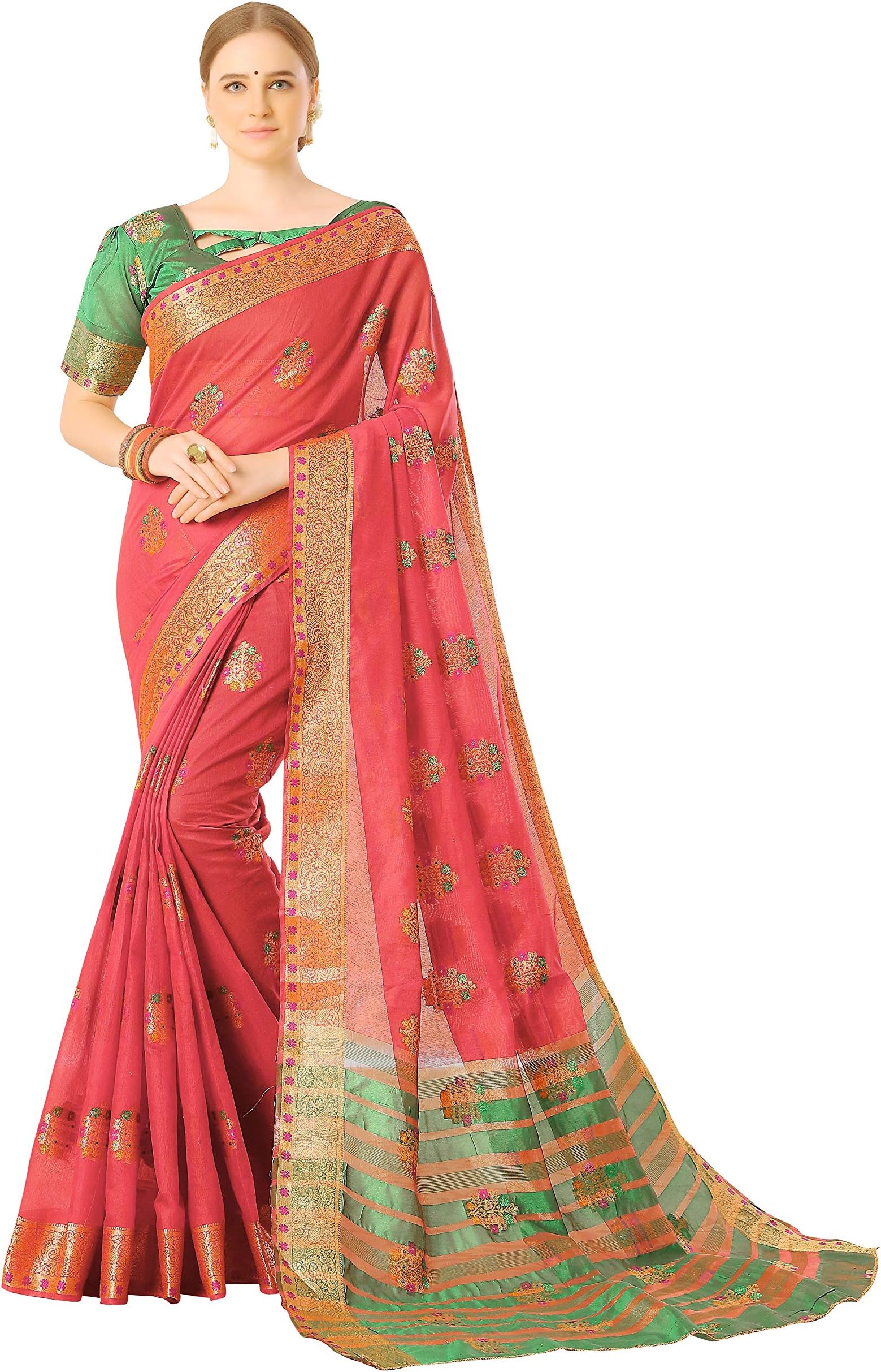 Soru Fashion Women's Banarasi Cotton Art Silk Saree With Unstitched Blouse Piece (Cott-1083_Pink)