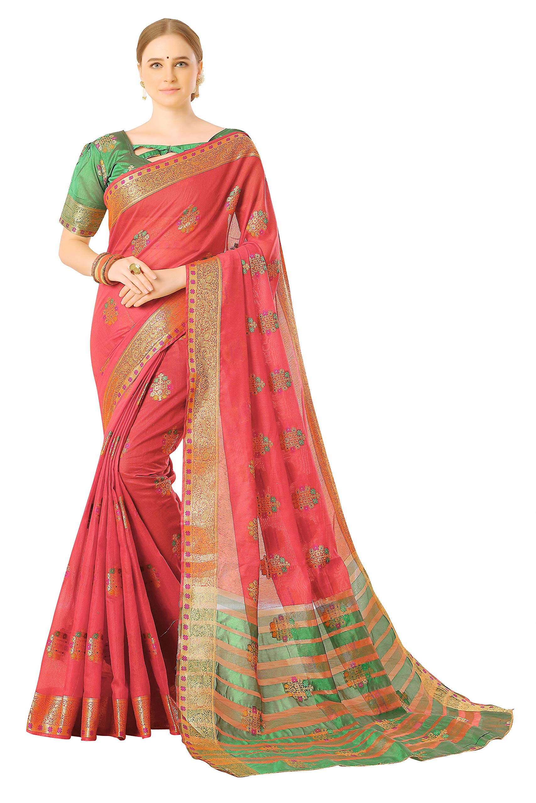Soru Fashion Women's Banarasi Cotton Art Silk Saree With Unstitched Blouse Piece (Cott-1083_Pink)