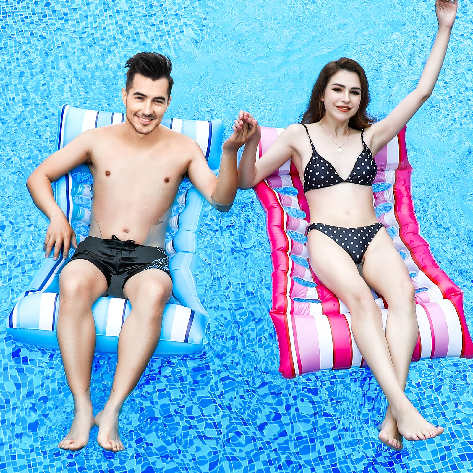 Pool Floats - Pool Floats Adult Size 2-Pack, Inflatable Pool Floats, 4-in-1 Pool Floaties Hammock (Saddle, Lounge Chair, Hammock, Drifter) - Light Red and Light Blue