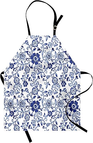 Lunarable Delantal floral, patrón de flores de remolino, folk ruso, pétalos culturales, imagen ornamental, delantal de cocina unisex con cuello