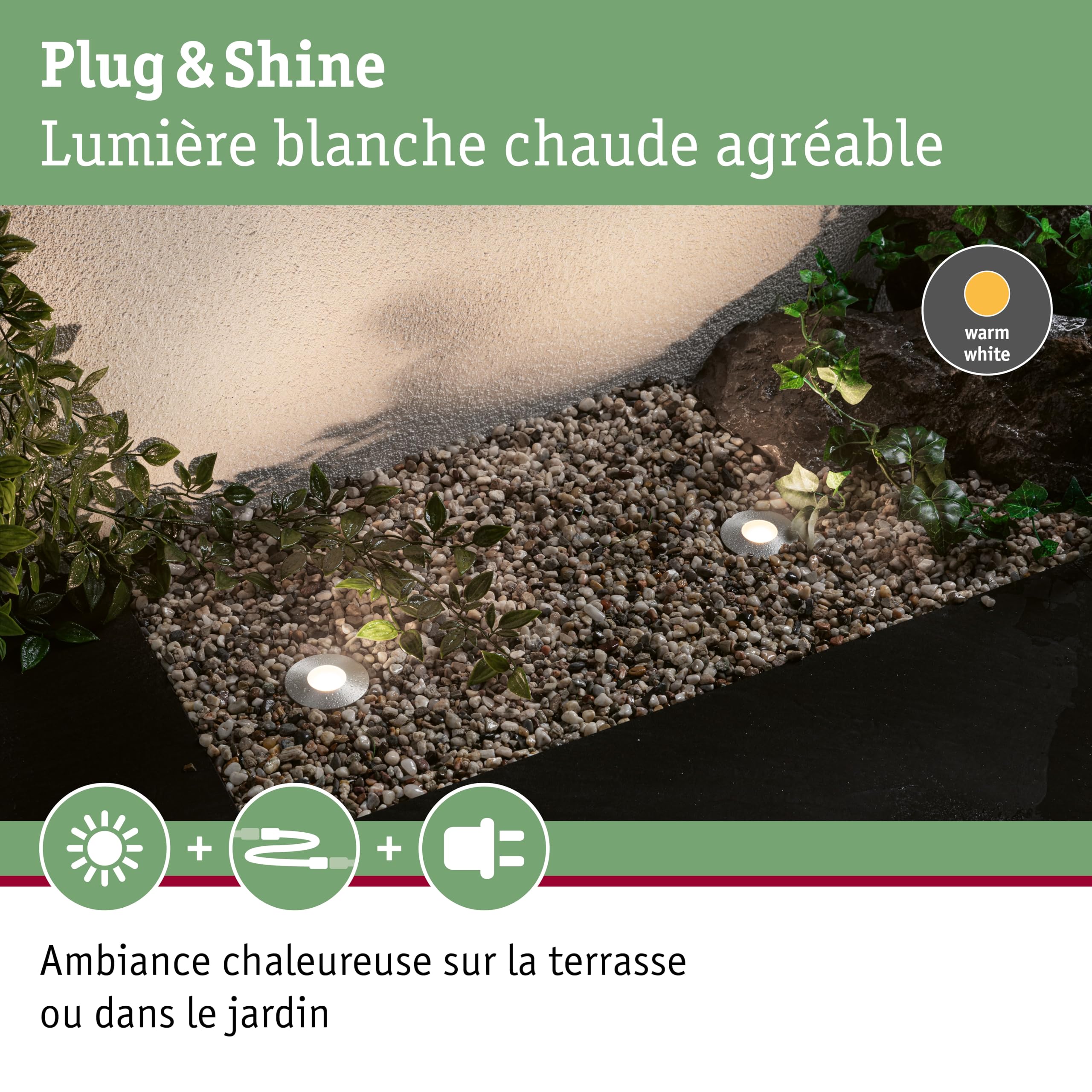 Paulmann 93949 Outdoor Plug&Shine Kit encastrés sol LED, IP67, 3000K, 3x2,5W, 24V, 55 mm, Argent inoxydable, Plastique