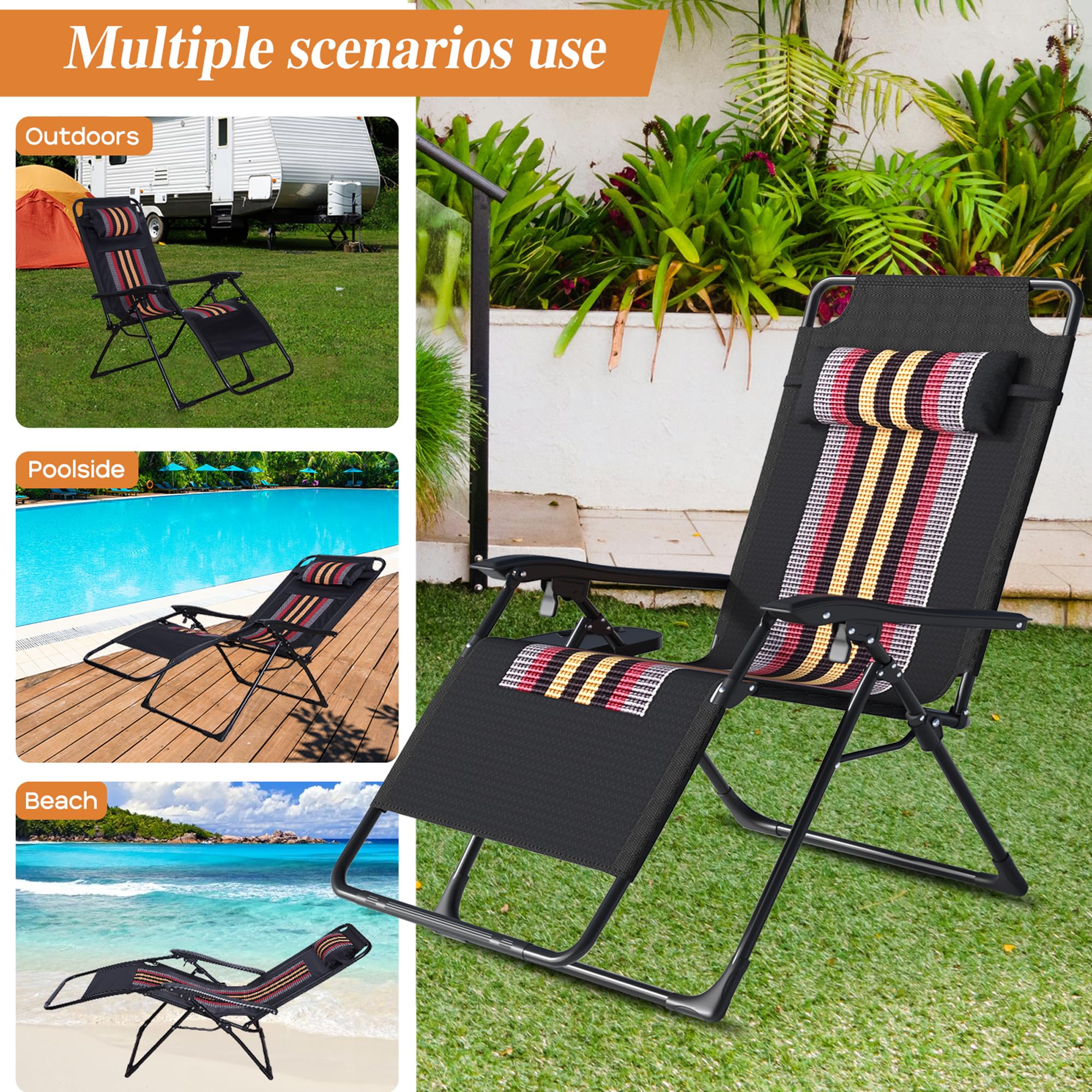 Chaise Longue de Jardin Pliable Transat Bain de Soleil Inclinable, Chaise Longue Pliante avec Coussin et Porte-Gobelet, Fauteuil Relax Jardin Dossier réglable pour Extérieur Terrasse, Noir