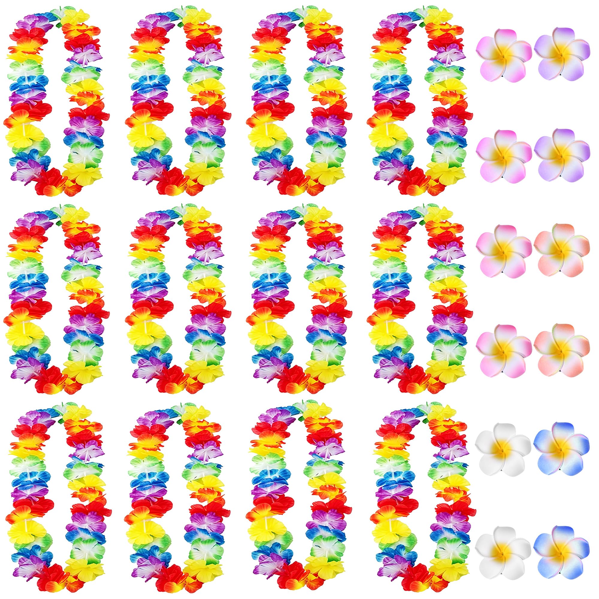 Hawaiian Flower Garlands Party Decorations - 24Pcs Hawaiian Leis Flower Garland Necklaces and Plumeria Hair Clips for Adults, Luau and Tropical Beach Party Summer Celebrations