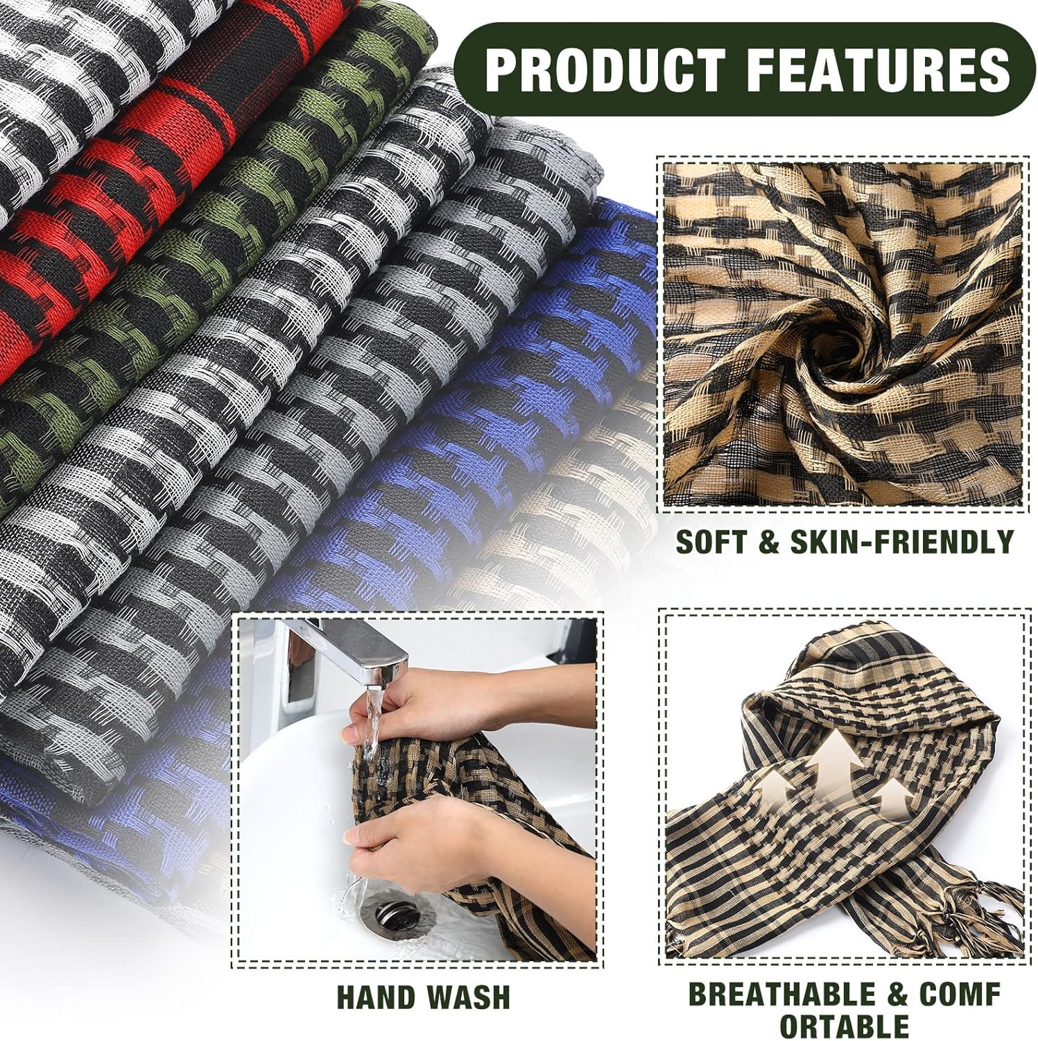 Kenning 8 Pcs Military Shemagh Tactical Desert Scarf for Men Women Arab Head Keffiyeh Wrap with Tassels for Neck Head Face - Image 4