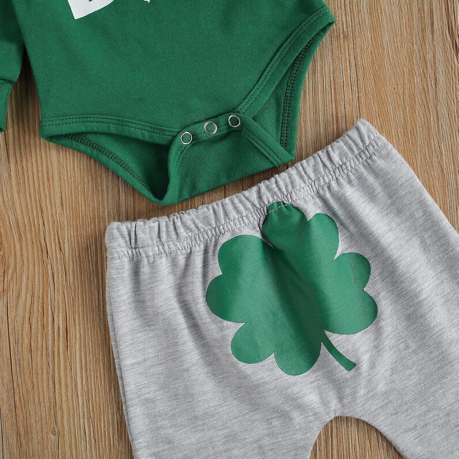 Newborn Baby Boys My First St. Patrick's Day Outfits Green Long Sleeve Romper Clover Print Trousers Hat 3Pcs Set - Image 4