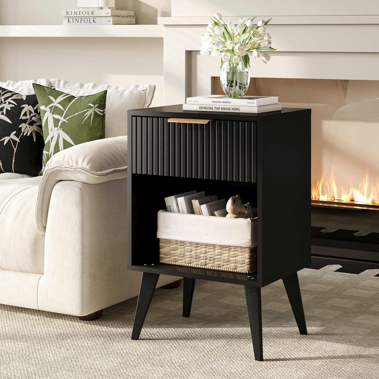 Fluted Night Stand with Opening Storage,Mid Century Bedside Table with Drawer,Black Nightstand with Wood Legs,End Table Side Table for Living Room,Bedroom,11.8″ Dx15.7 Wx 25.2″ H CTG56BK