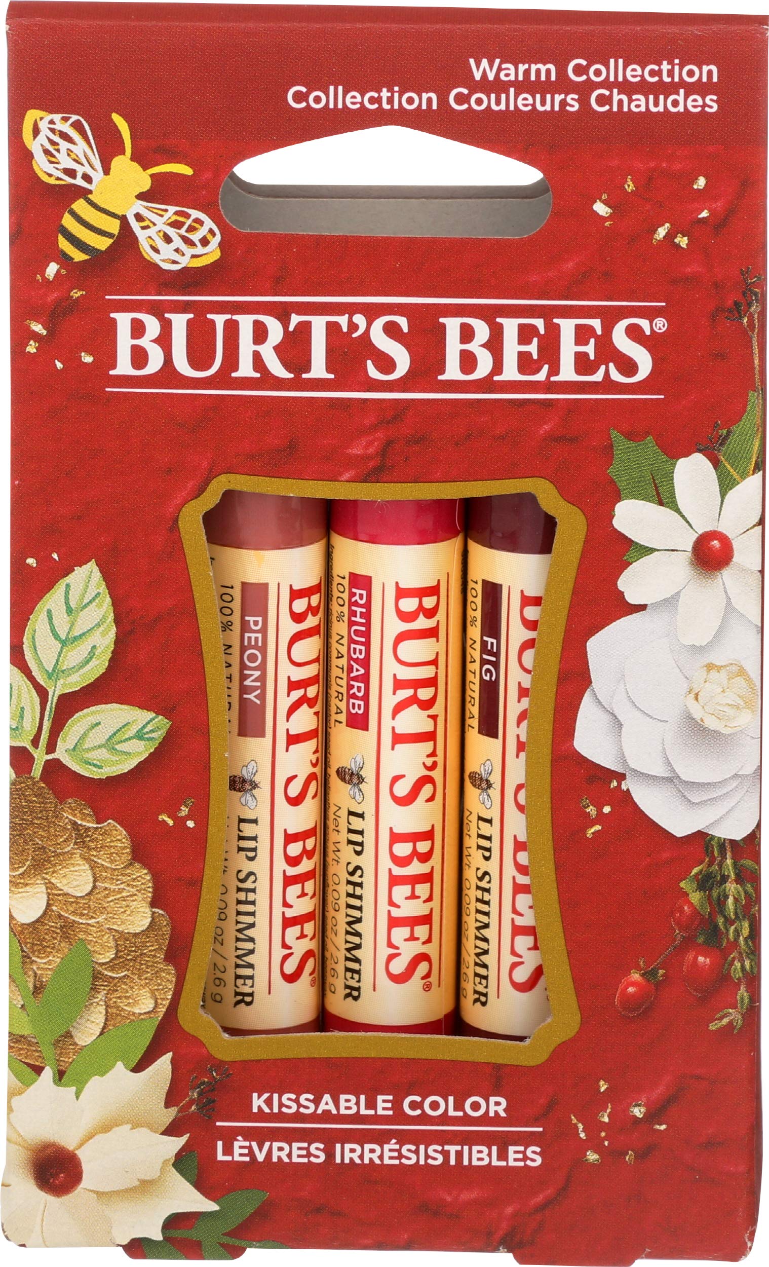 Burt's Bees Kissable Color Holiday Gift Set, 3 Lip Shimmers in Gift Box, Warm Collection in Peony, Fig & Rhubarb