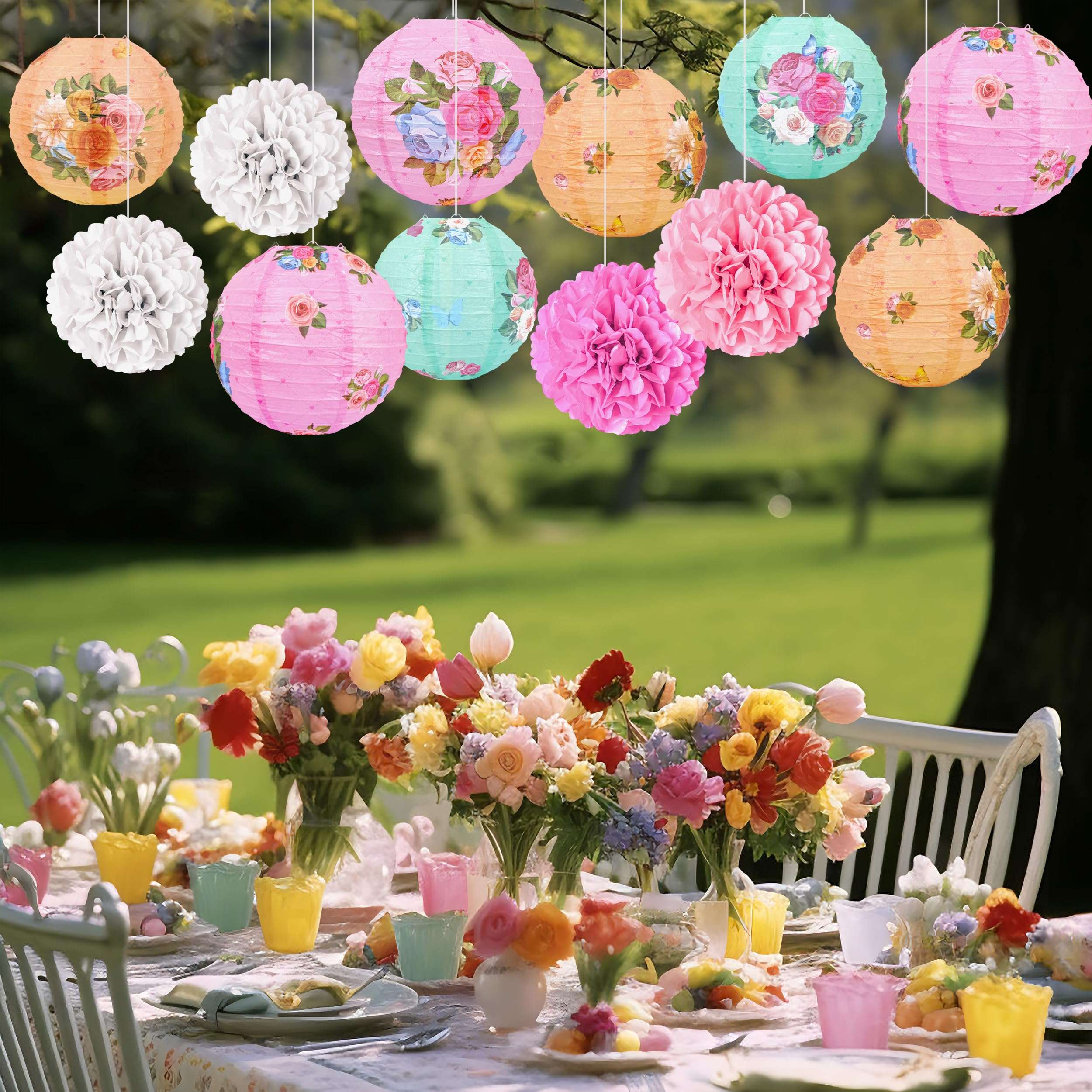 33 piezas de decoración de fiesta de té, faroles de papel, pompones, decoración colgante para jardín y hogar