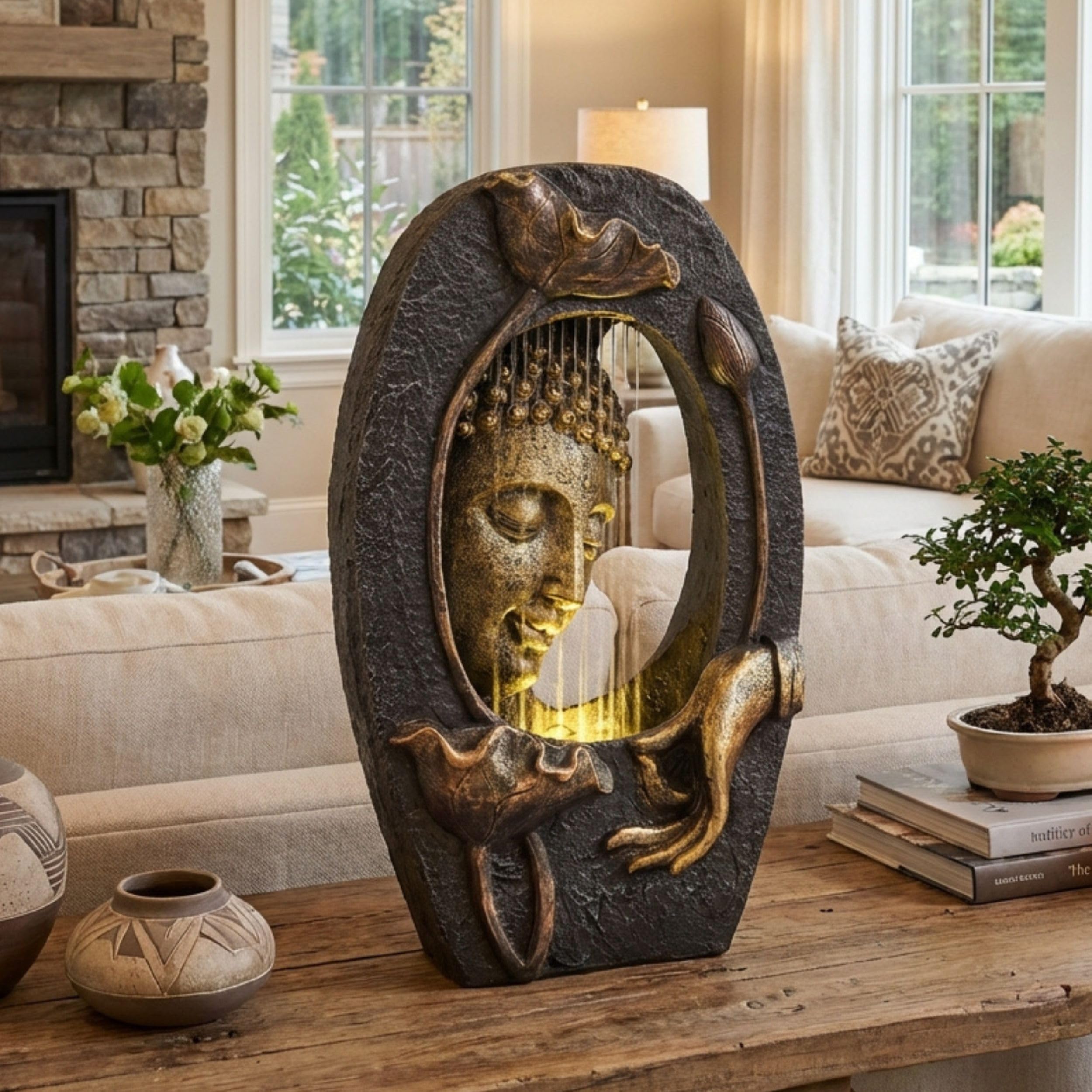 TERESA'S Collections Fontaine à Eau d'extérieur avec lumière LED et Pompe pour décoration de Jardin, Statue de Bouddha de Sol en résine avec Cascades, Grandes Statues de Jardin Zen pour décoration de