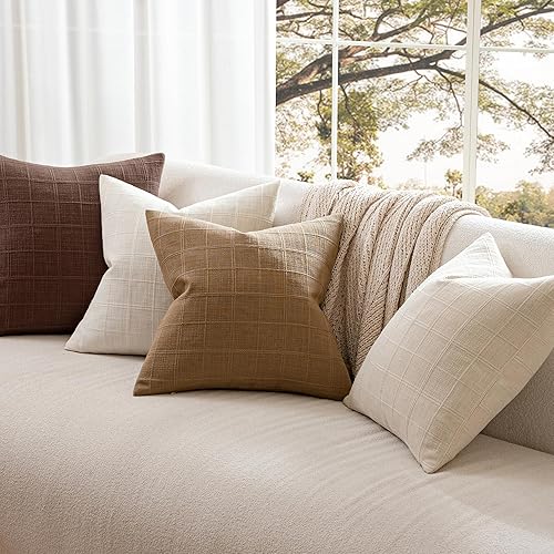 Miniatura 7 de Juego de 4 fundas de almohada de lino color gris pardo, fundas decorativas de 18 x 18 pulgadas, cojín bohemio suave y neutro, estilo campestre,