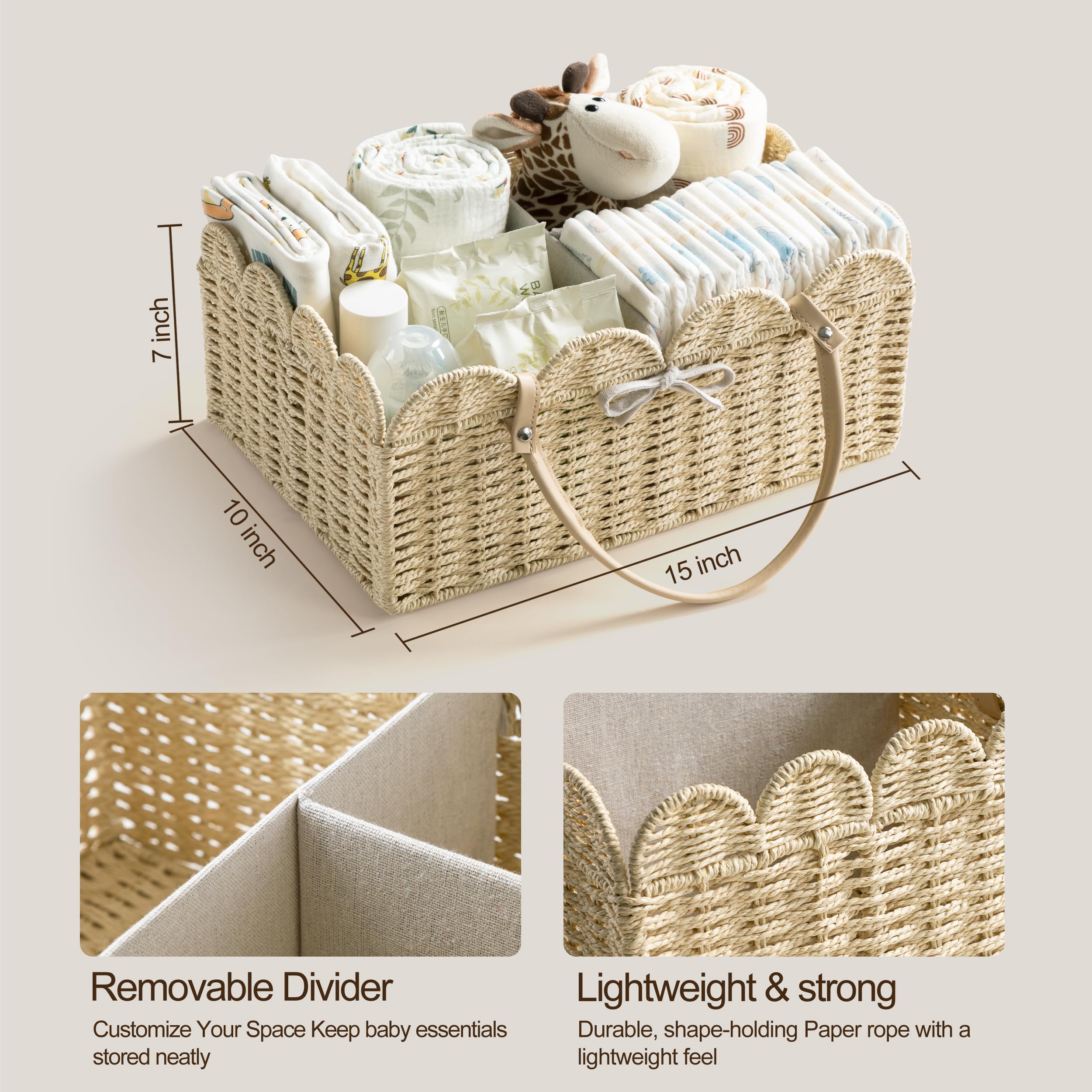 HBlife Organizador de pañales grande para bebé, cestas de almacenamiento de cuerda de papel con divisor extraíble, organizador portátil de coche para pañales, regalos de baby shower, artículos
