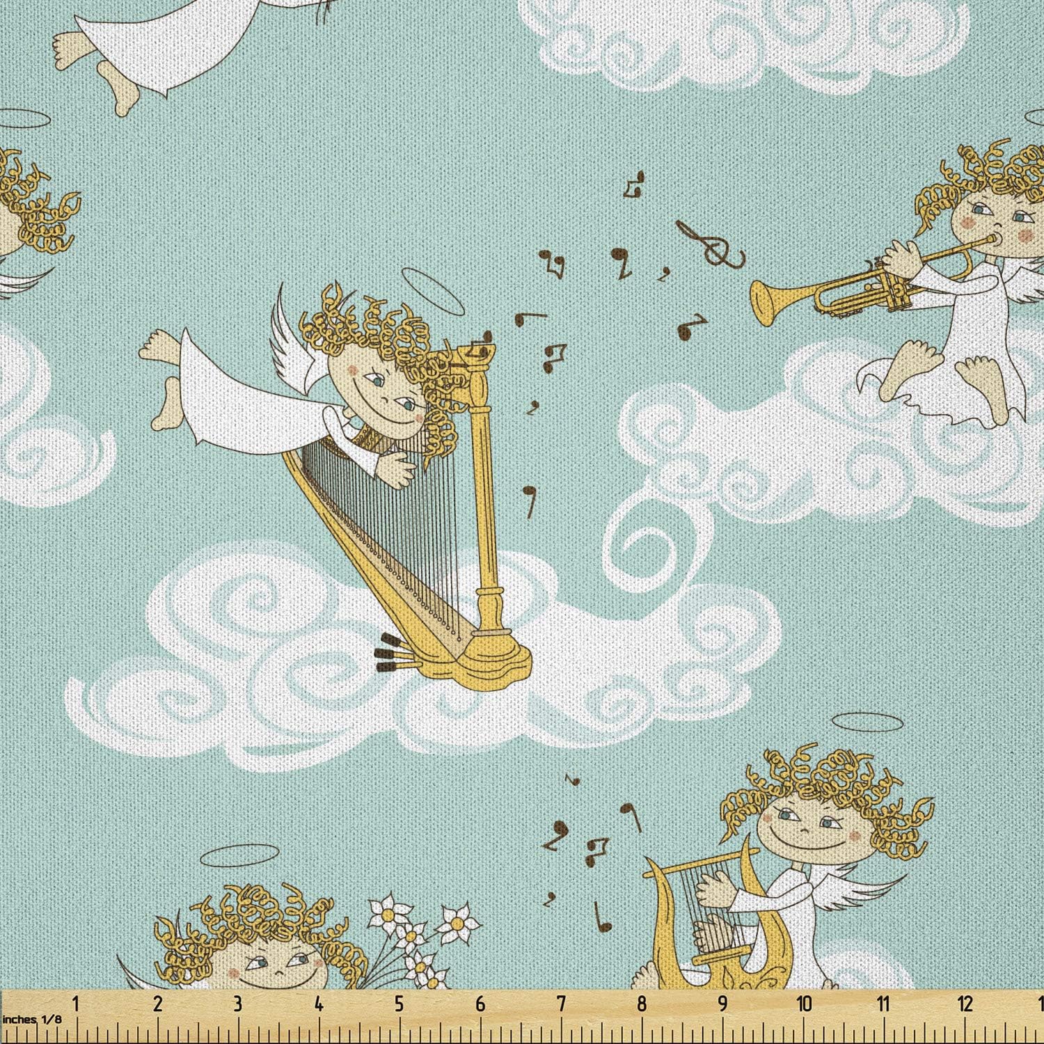 Ambesonne Cartoon Fabric by The Yard, Celestial Melody Vibes Wingy Little Ones with Harps Flowers Clouds Print, Microfiber Fabric for Arts and Crafts Textiles & Decor, 5 Yards, Yellow Seafoam