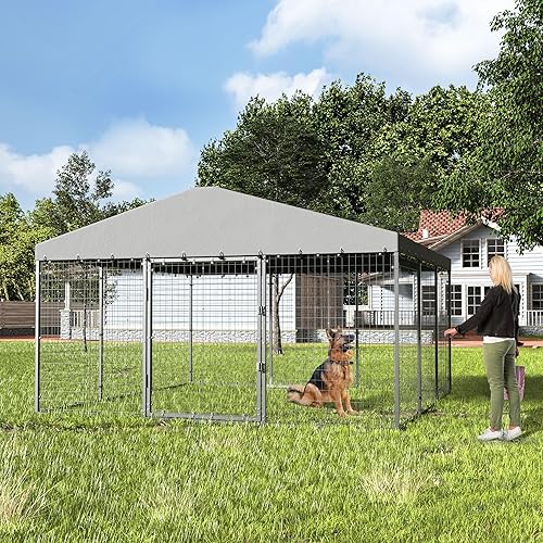 Miniatura 6 de Kullavik Perrera grande para perros al aire libre,Jaula de perro resistente con techo,Cerca de acero galvanizado con doble cerradura de seguridad
