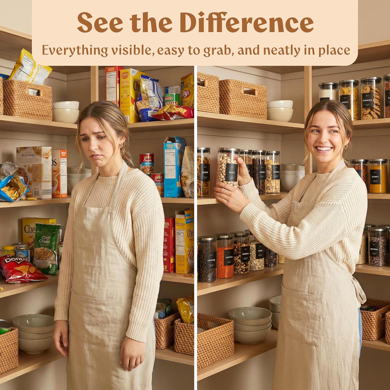 Glass Storage Containers with Stainless Steel Lids [Extra Thick Glas] with 54 Labels - Canister For Pantry Noodles Flour Cereal Rice Sugar Tea Coffee Beans - Round Set of 5x - Image 5