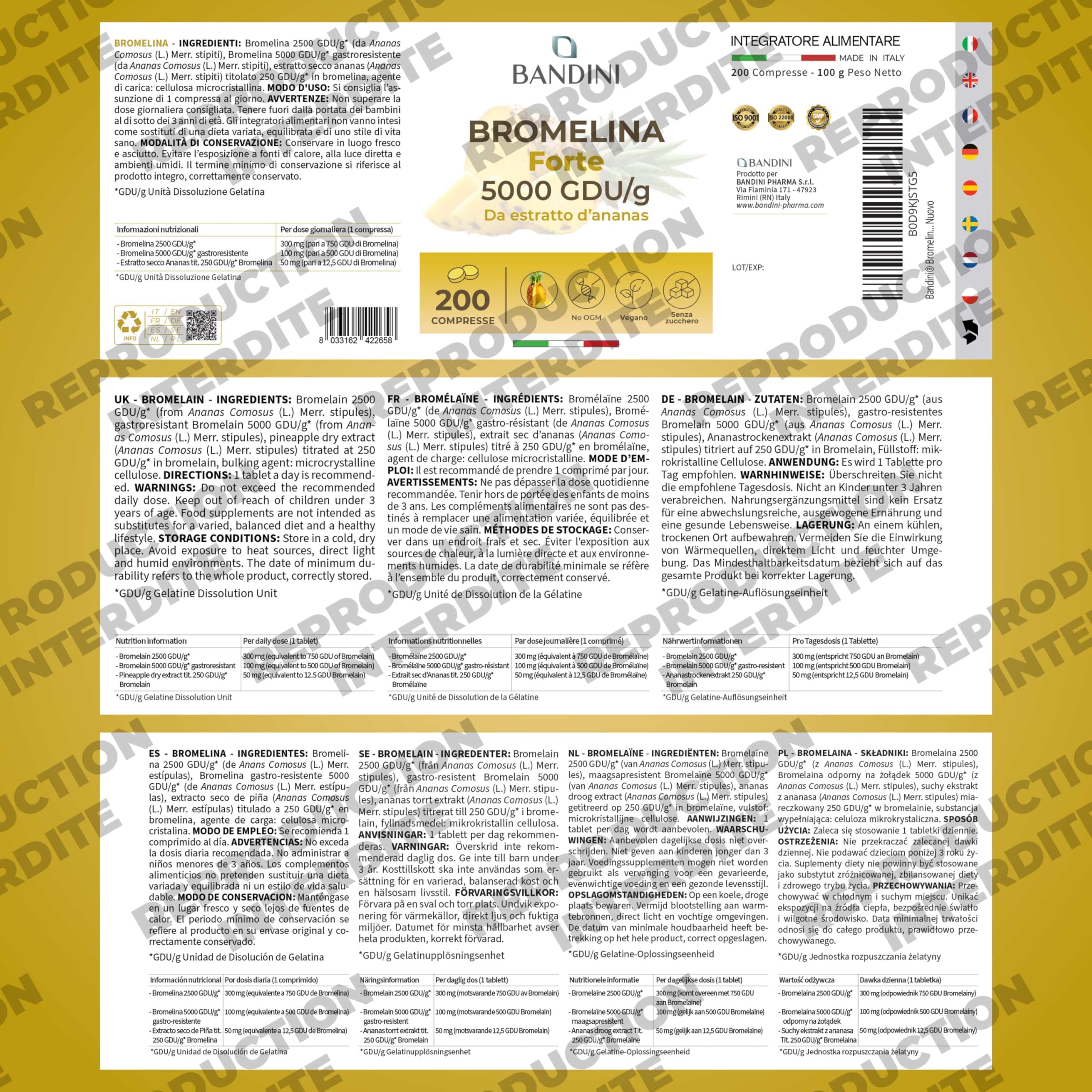 Bandini® Bromélaïne Forte 5000 GDU/g 200 Comprimés Gastro-résistants - Enzyme digestif - Extrait d'ananas - Broméline Strong, pure, hautement dosée, haute absorption, Produit en Italie, 100% Végan