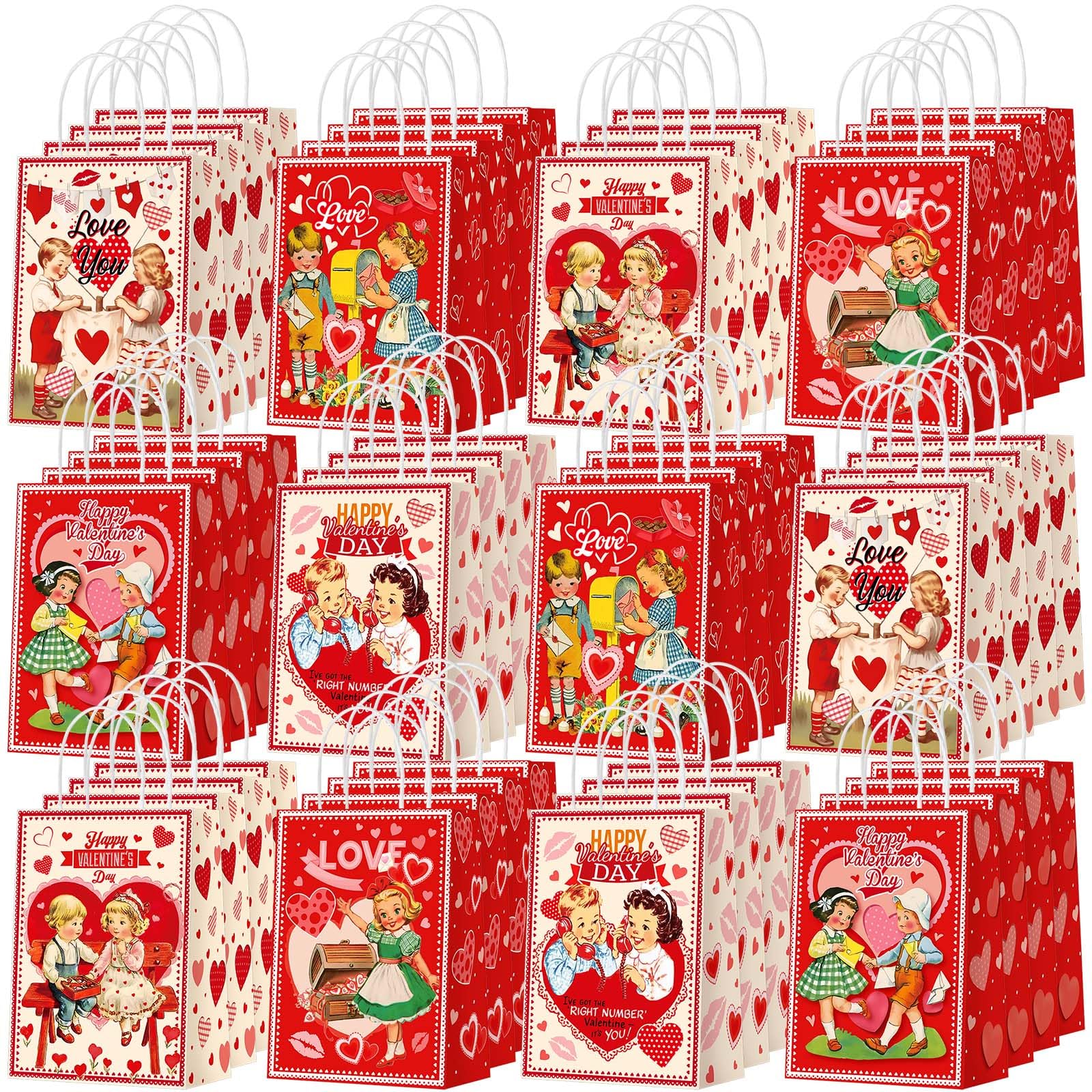 Zhanmai 48 Pcs Vintage Valentine's Day Party Favor Bags with Handles for Gifts Goodies Red Heart Love Happy Valentines Paper Candy Treat Bags for Birthday Party Decoration Supplies