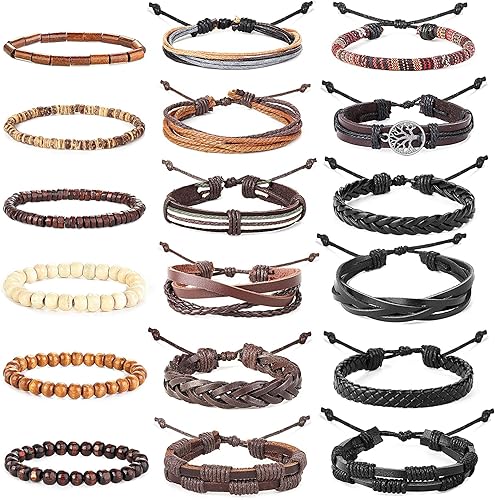 Hanpabum 18 pulseras de cuero trenzado para hombres y mujeres, pulsera tejida con cuentas de madera, pulseras étnicas tribales ajustables, Cuero