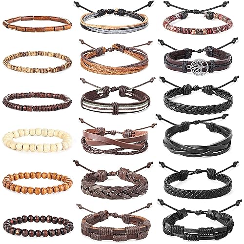 Hanpabum 18pcs Braided Leather Bracelets for Men Women Woven Cuff Wrap Bracelet Wood Beads Ethnic Tribal Bracelets Adjustable