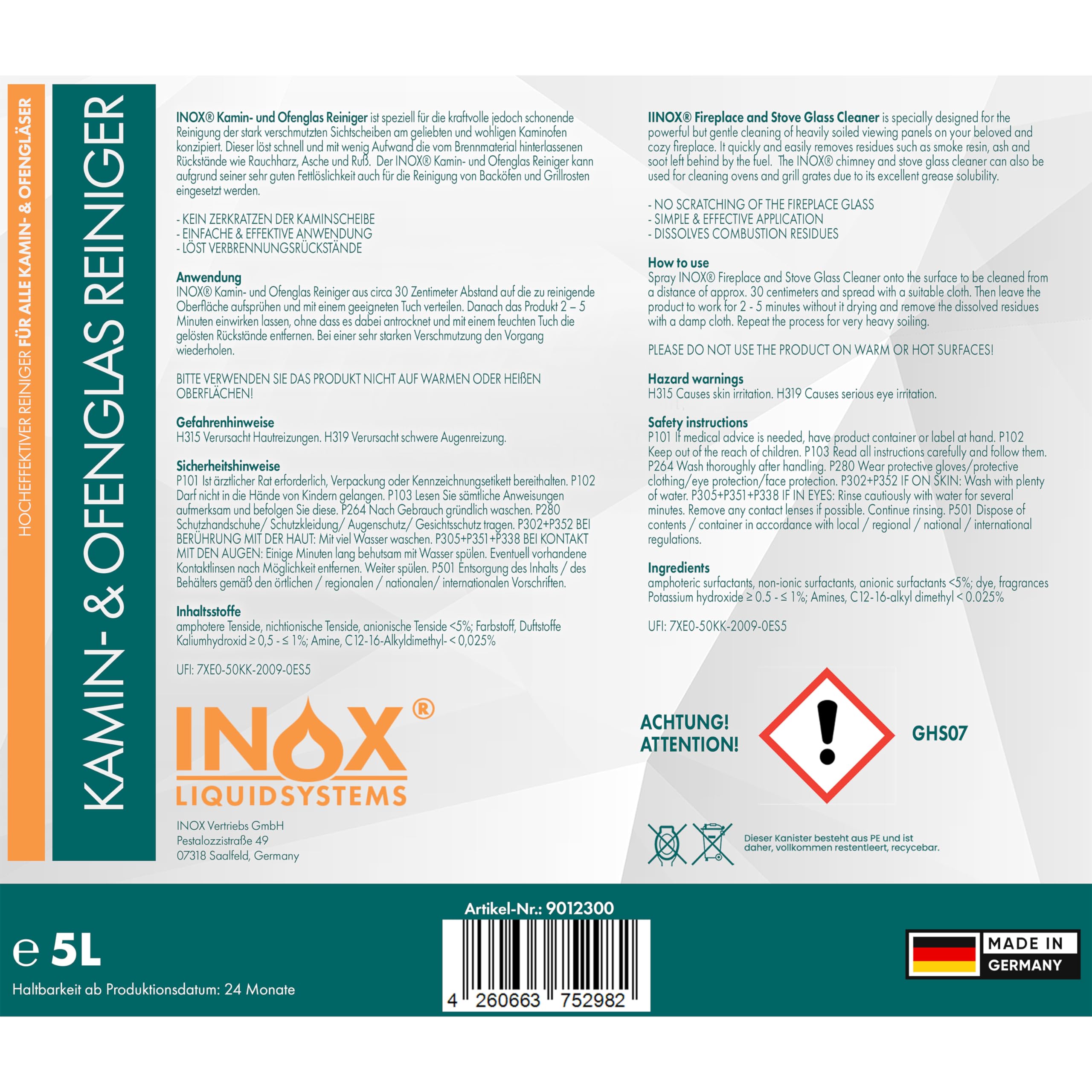 INOX® - Starker Kaminscheibenreiniger 5L Kanister | Perfekter Entrußer für Ihren Kaminofen | Ofenglasreiniger - entfernt Ruß, Rauchharz, Öl, & Fett auf Backofenscheiben