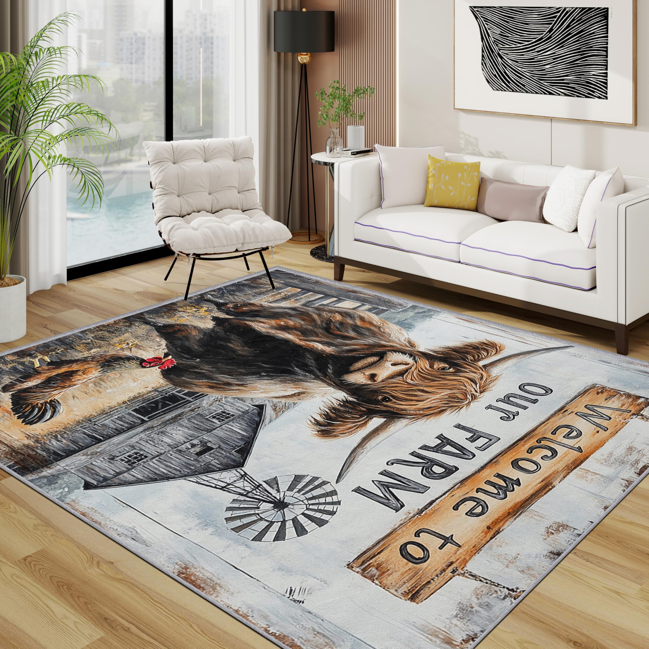Highland Cow Rug - Rooster Farm Animal Small Rugs for Bedroom 60x90, Country Vintage Farmhouse Floor Mat Soft Washable Non Slip Indoor Mats, Highland Cow Room Decor