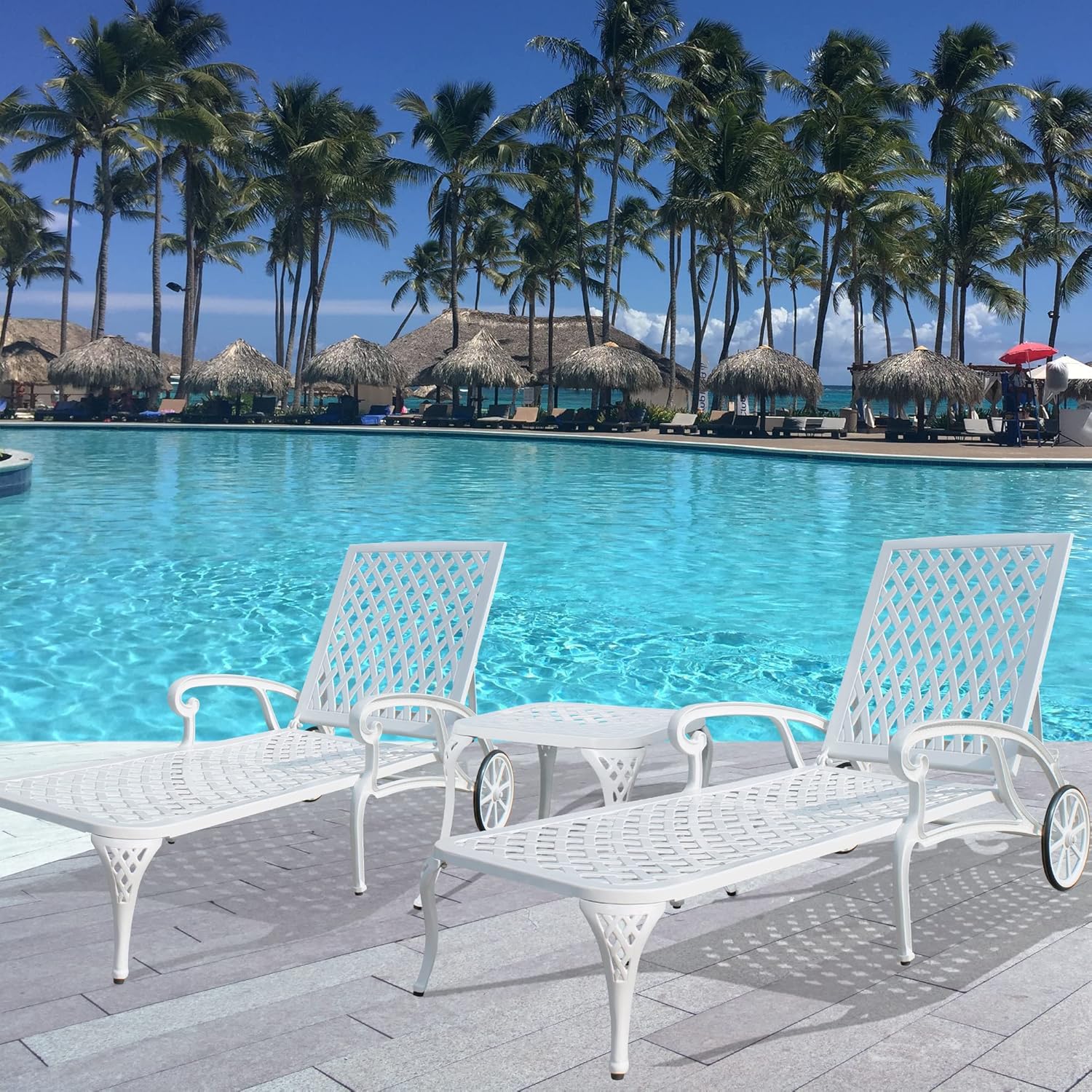 HOMEFUN Chaise Lounge Chair Outdoor, Poolside Lounger Set of 2 Cast Aluminum Tanning Chairs with Adjustable Backrest and Moveable Wheels, Bronze