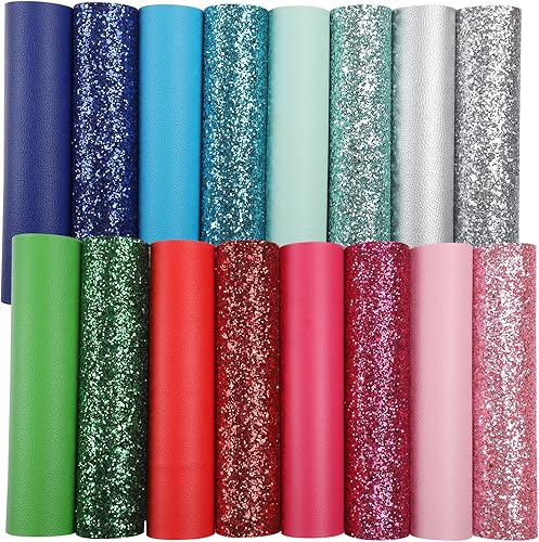 Hojas de piel sintética con purpurina gruesa 8 hojas de cuero con purpurina gruesa mixta + 8 piezas de cuero de colores de grano sólido, paquete