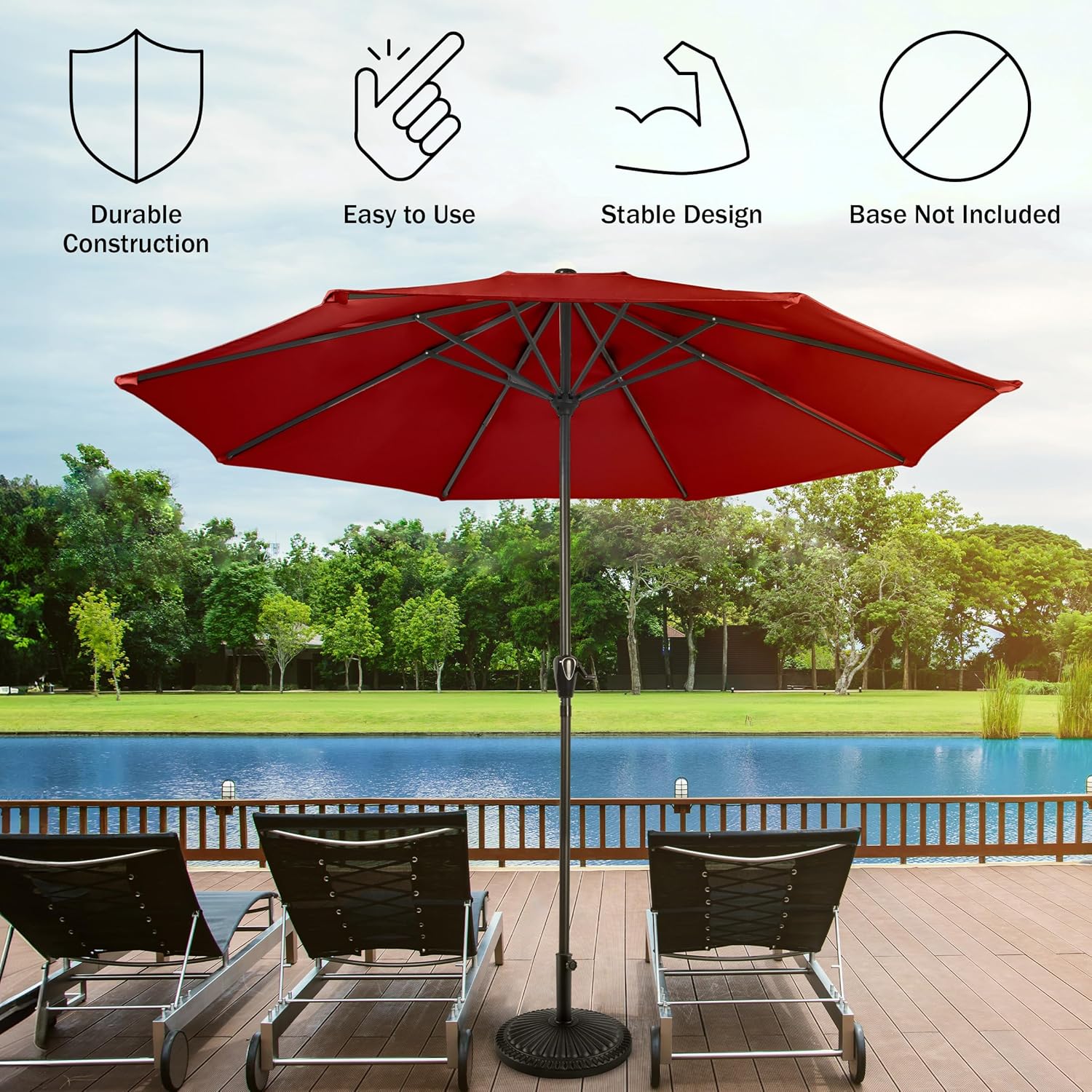 Pure Garden Patio Umbrella with Vented Canopy - 9 Ft Easy Crank Outdoor Umbrella for Shade - For Deck, Balcony, Porch, Backyard, or Pool (Red)