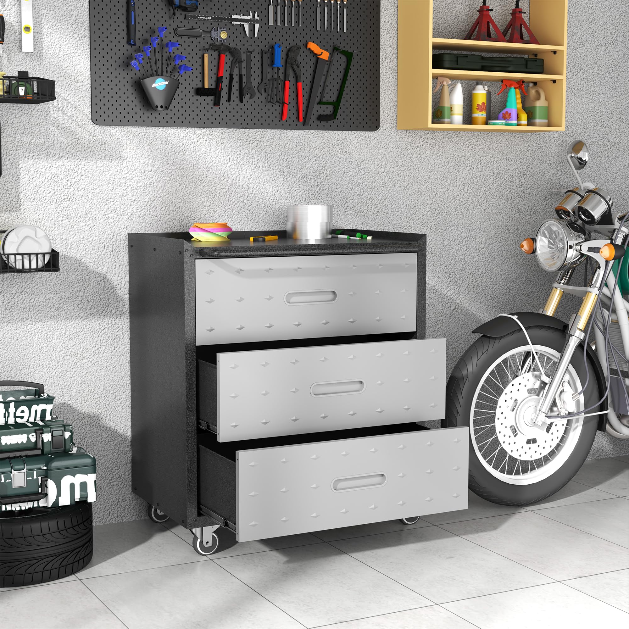 Armario De Herramientas Con Metal, Cajonera Con Ruedas Y 3 Cajones, Mueble Organizador Resistente, Carro De Herramientas, Para Garaje Oficina Hogar Y Taller, Negro Y Gris, 75.01 x 42 x 88.01 cm
