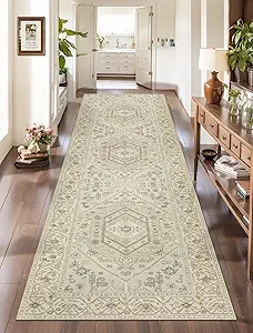SERISSA Runner Rug for Hallways, 2'6"x8' Washable Non Slip Kitchen Runner Rug, Long Boho Rug Vintage Beige Hallway Stair Ultra Soft Print Floor Carpet for Bedroom Bathroom Laundry Room