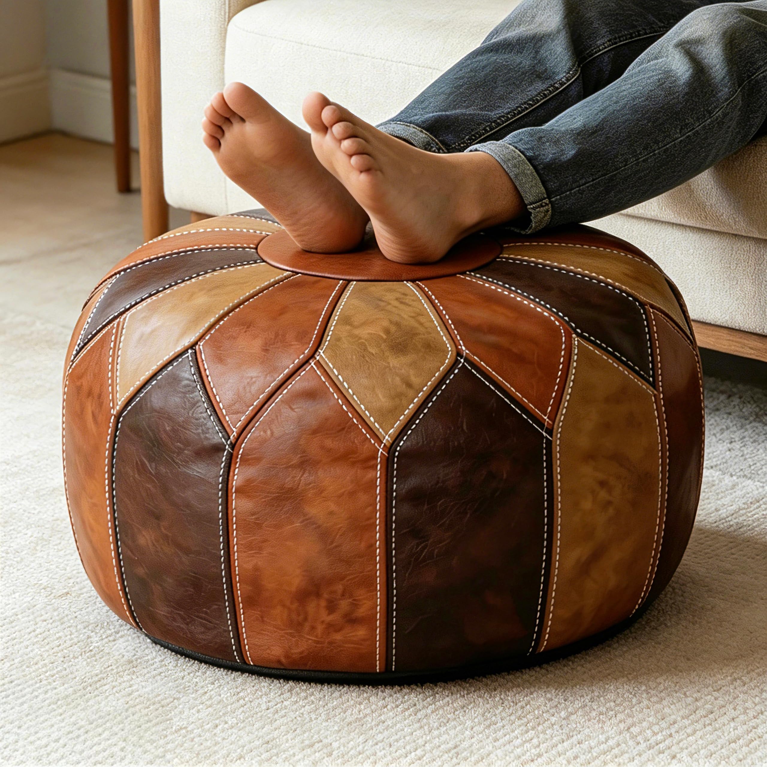 Thgonwid Round Unstuffed Pouf Cover Faux Leather