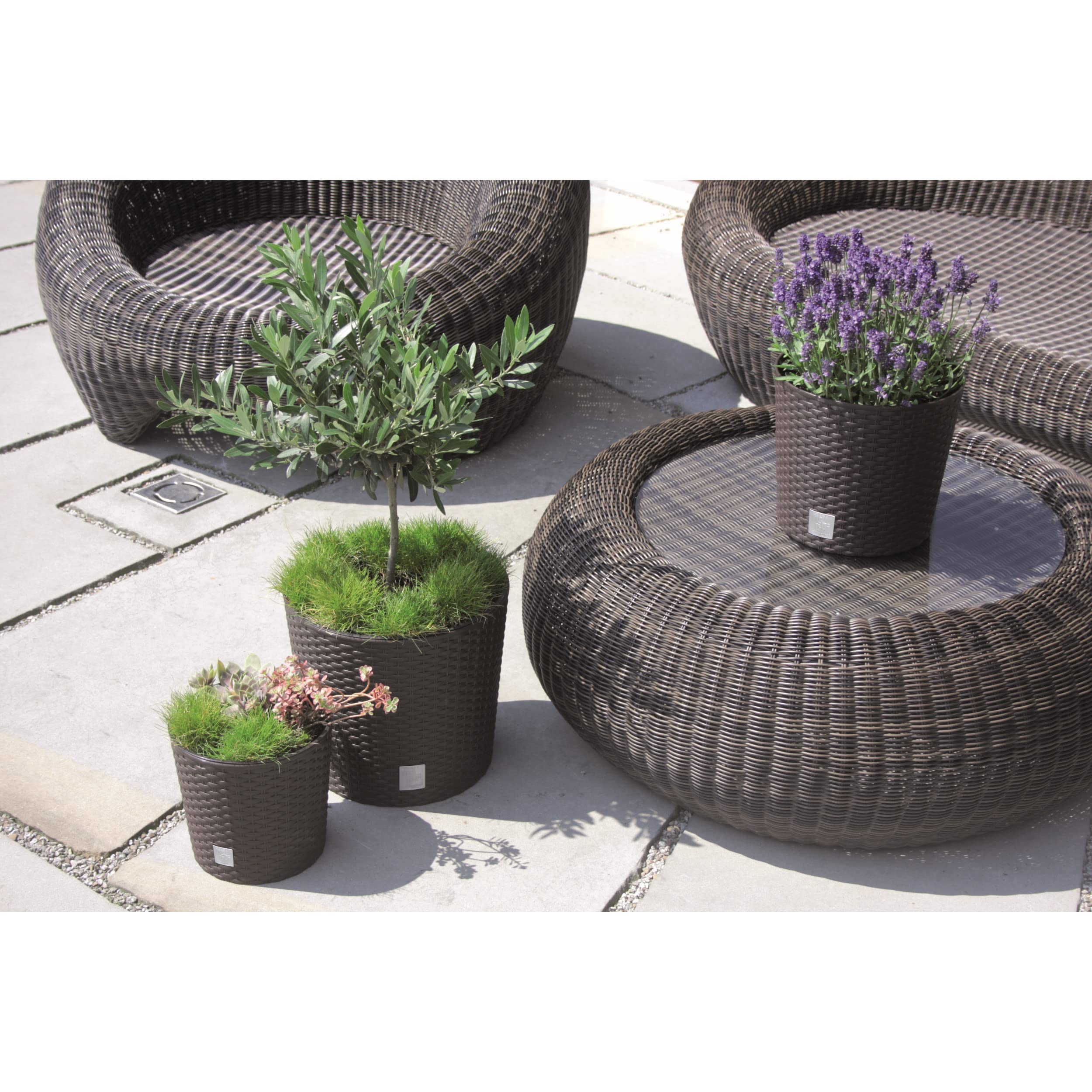 botle 3 vasi da fiori in rattan, diverse misure, altezza 47 + 57 + 76 cm, inserto in plastica con inserto rotondo