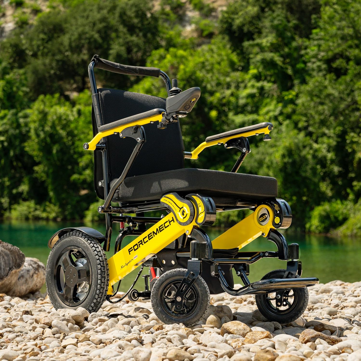 Taraf view of the Forcemech Navigator Pro Electric Wheelchair in yellow and black, showing its robust frame and wheels.