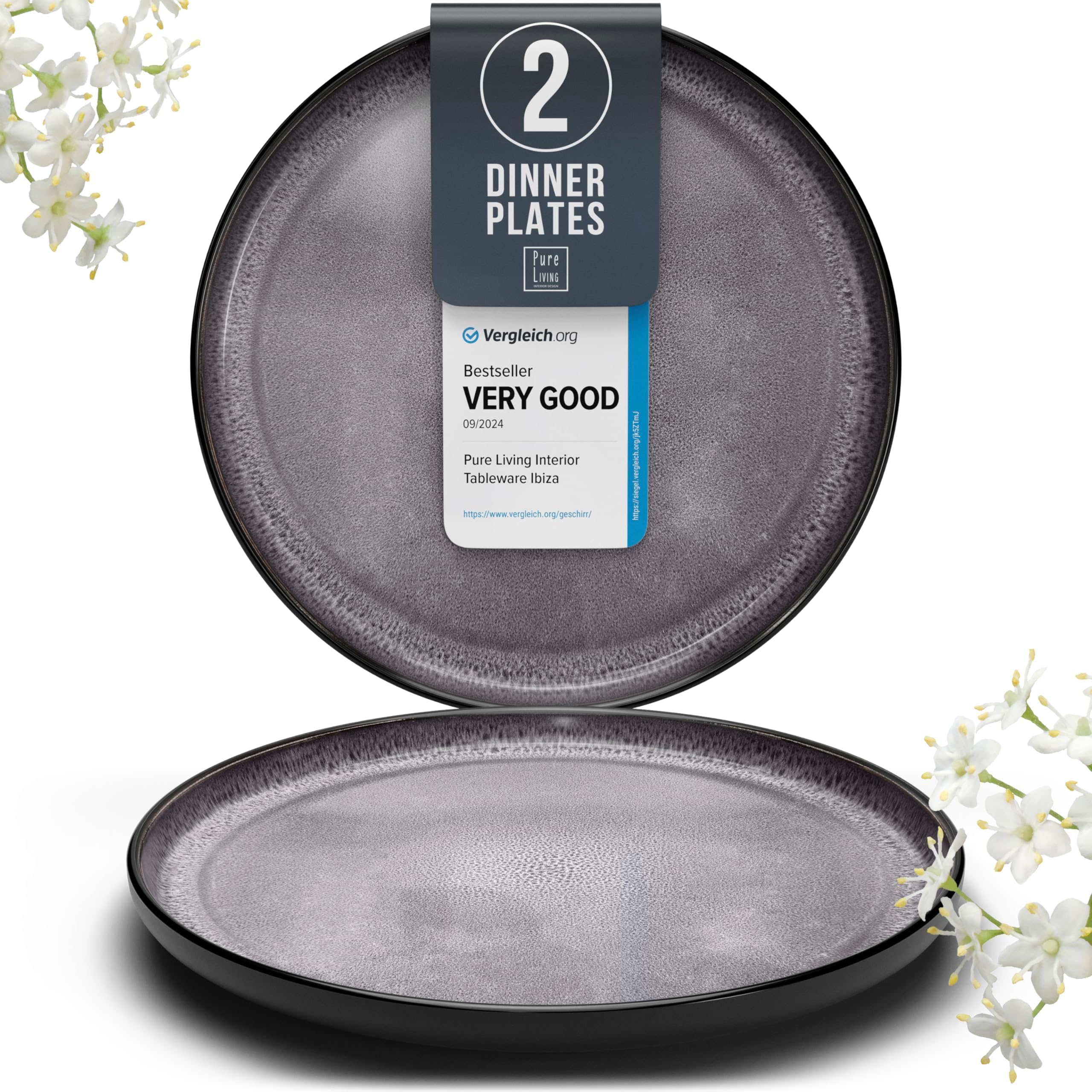 PURE LIVING INTERIOR DESIGN Stoneware Dinner Plates Set of 2, Large Dark Gray Tableware, Stylish & Durable, Dishwasher, Microwave & Scratch-Resistant