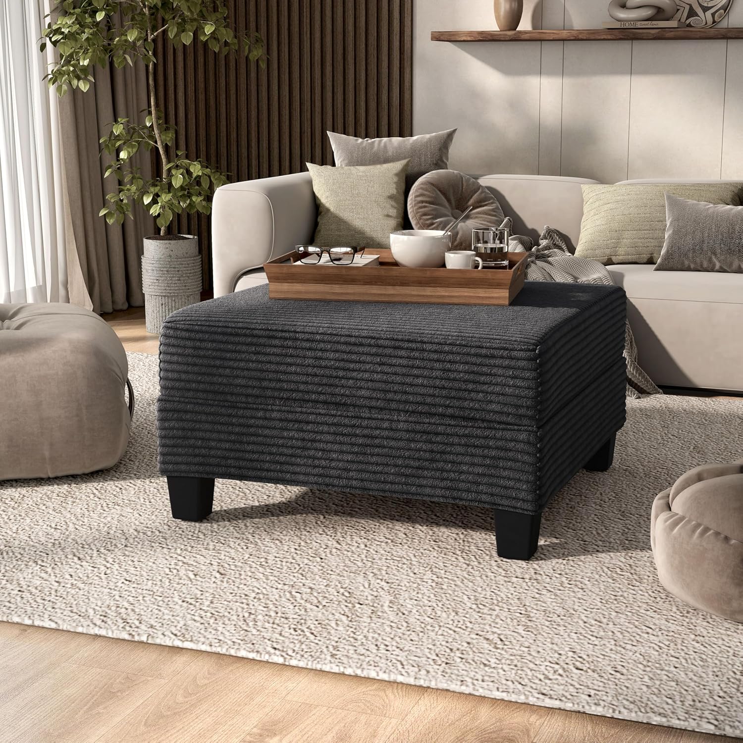 HOMES: Inside + Out Reese Modern Chenille Square Storage Ottoman with Flip Top and Padded Seat, Upholstered Footstool for Living Room, Bedroom, Entryway, Dark Grey